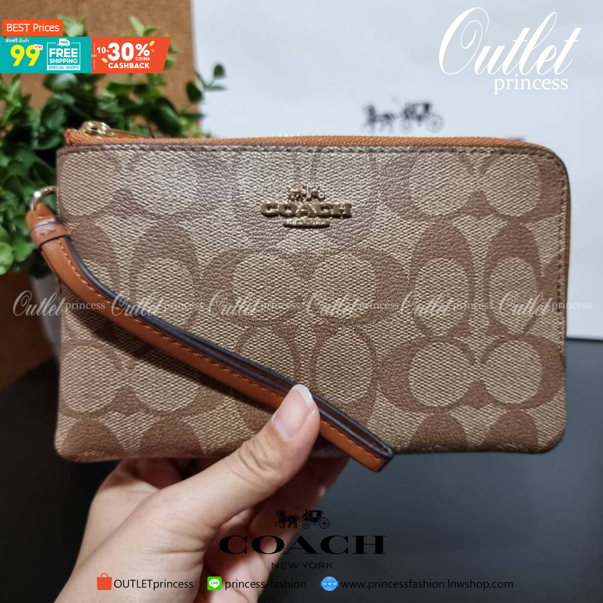 COACH F87591 DOUBLE CORNER ZIP WALLET IN SIGNATURE COATED CANVAS คล้องมือรุ่น 2 ซิป!! มาแล้วจ้า 🌟🤗 ไซส์นี้คือเหมาะมือจริงๆ พกง่ายเช่นเคย ไม่ต้องกังวลว่าจะเกะกะหรือกินพื้นที่กระเป๋าหลัก วัสดุหนังแคนวาสเคลือบลาย มีช่องหลักแยก 2 ช่อง ภายในบุผ