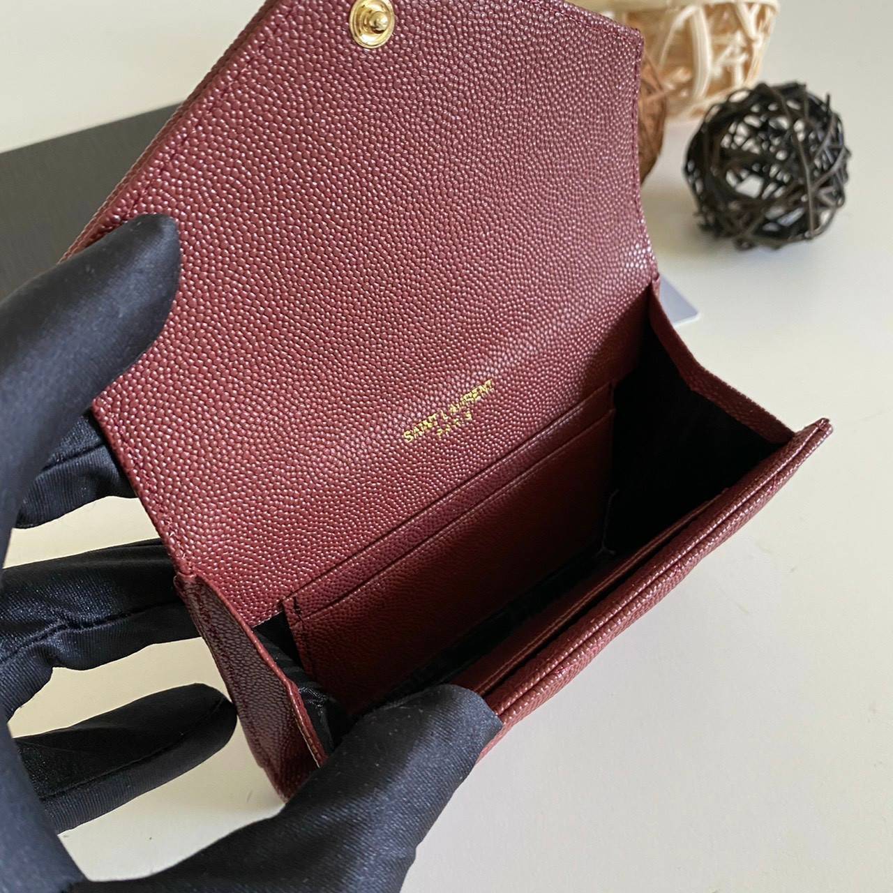 หนังแท้ 12cm YSL SAINT LAURENT GARD HOLDER Small Envelope Monogram Wallet