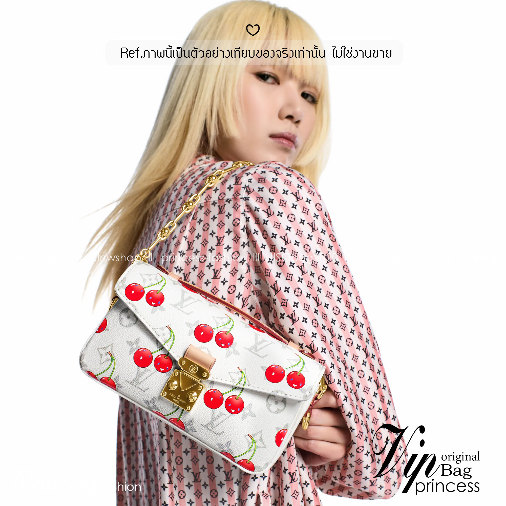 ORI หนังแท้ | LV x TM Pochette Métis East West Monogram cherry canvas กระเป๋าสะพาย ดีไซน์ใหม่โทนสีขาวในเฉดสีฤดูร้อนซึ่งตัดกับลวดลายเชอร์รี่สดใสที่ได้รับแรงบันดาลใจจากศิลปินชาวญี่ปุ่นได้อย่างสง่างาม