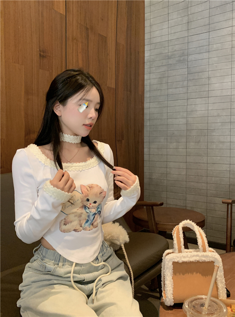 พร้อมส่ง 🥣 Catty tops เสื้อแขนยาวผ้ายืดสกรีนลายน้องแมว (38247)