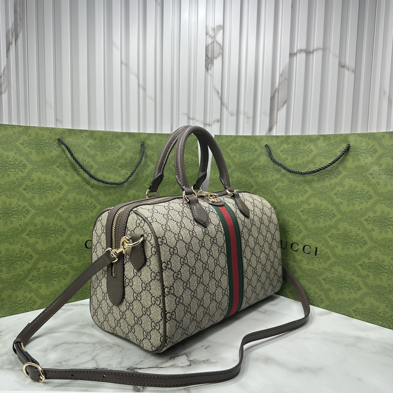ORI หนังแท้ | Gucci Ophidia boston bag GG Monogram Double G / Gucci Keepall Bag กระเป๋าสะพายทรงหมอนบอสตัน รูปทรงใช้งานง่าย ฟังก์ชั่นการใช้งานที่ได้รับการตีความใหม่