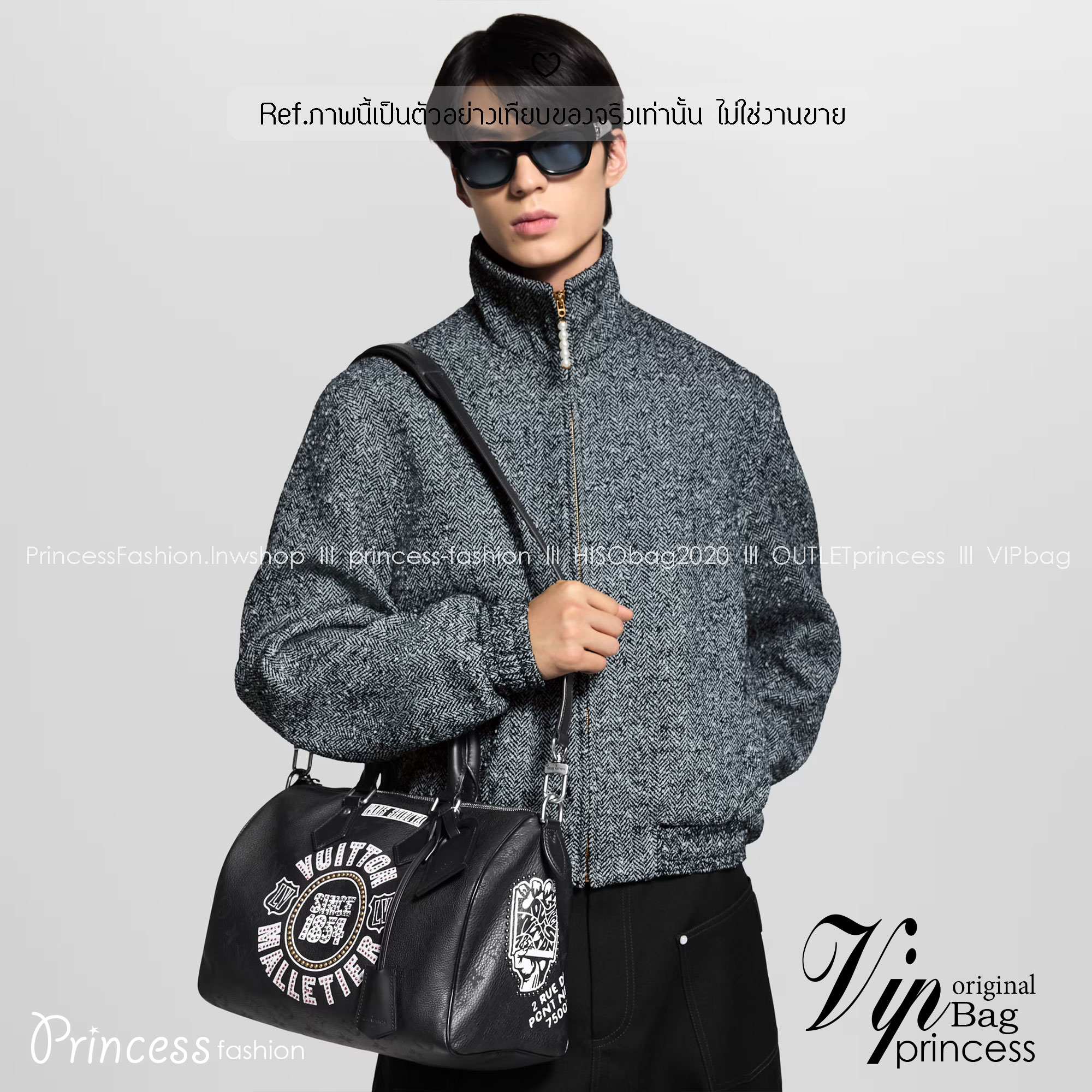 ORI หนังแท้ | LV Speedy P9 Bandoulière 30 Jackets กระเป๋าสะพายทรงหมอนสปีดี้ หนังสีดำสะท้อนถึงสไตล์ร็อค ประดับด้วยคริสตัล Swarovski® สีแดงอันโดดเด่น