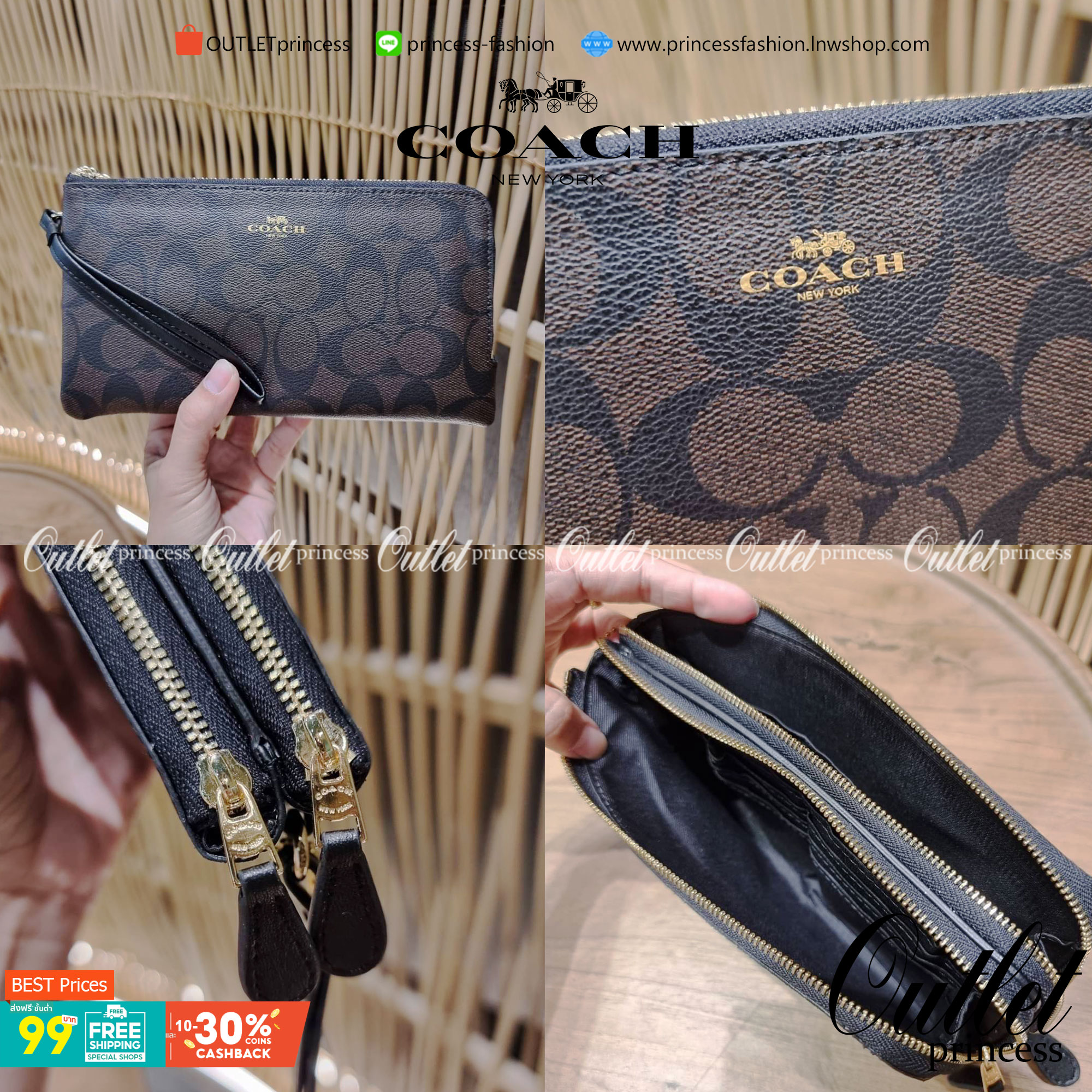 COACH F54057 DOUBLE ZIP WALLET IN SIGNATURE กระเป๋าคล้องมือ size L ใบนี้ใส่มือถือได้ทุกรุ่น ขนาดกำลังดี พกพาสะดวกมากๆ วัสดุหนังสังเคราะห์ ภายในเป็นผ้าสีสวยคม ใส่ธนบัตร ใส่บัตรได้เยอะ ใส่มือถือได้สบายๆทุกรุ่น ตอบโจทย์สาวๆที่ไม่ชอบพกเยอะวุ่นวายจ้า ใบนี้เอาอ