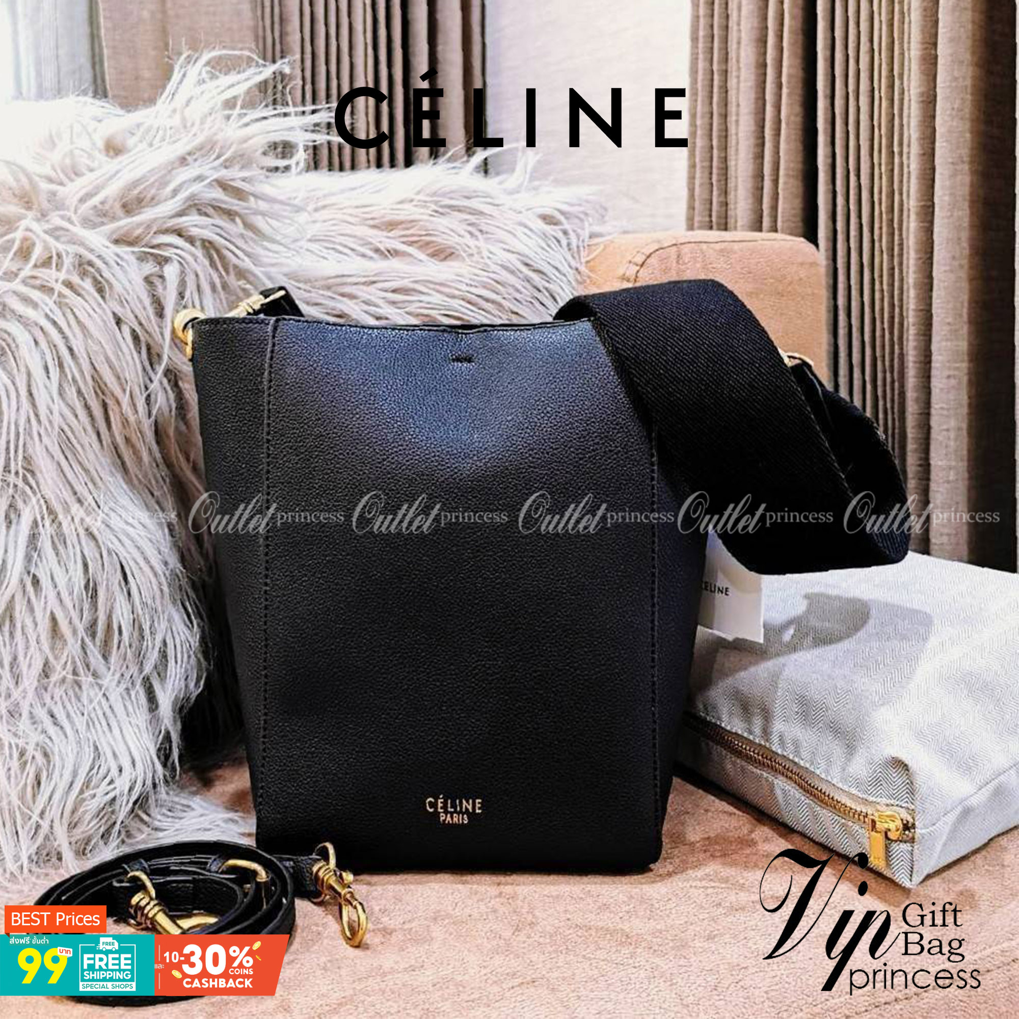 CELINE TRIOMPHE BUCKET BAG VIP GIFT WITH PURCHASE (GWP) พรีเมี่ยมกิ๊ฟ Limited Edition จาก CELINE PERFUME DUTY FREE COUNTER วัสดุหนังแท้ CALFSKIN ดีไซน์ทรง Bucket ขนาดกำลังดี มาพร้อมใบเล็กด้านในแยกใช้ได้ น้ำหนักเบา ภายในกว้างใส่ของใช้ได้เยอะพร้อมสายสะพายให