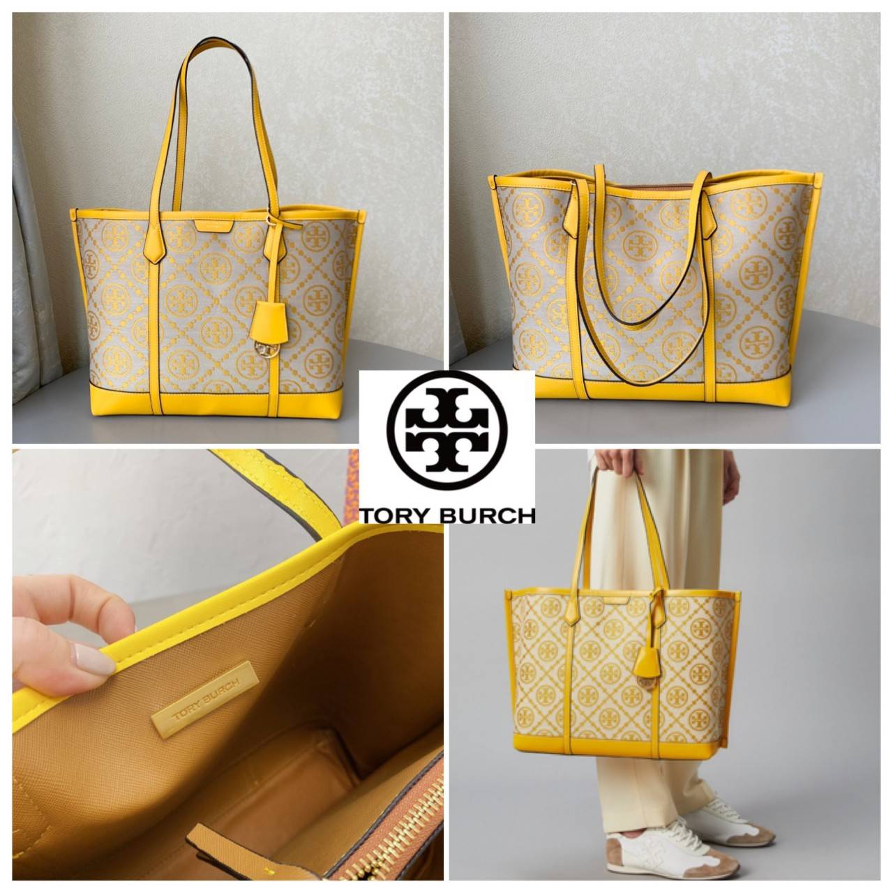 ของแท้ 💯% TORY BURCH PERRY T MONOGRAM TRIPLE-COMPARTMENT TOTE กระเป๋าสะพายทรง SHOPPING BAG ผ้าแคสวาสมปักลายสัญลักษณ์แบรนด์ สวยหรูอยู่ทรง ด้านหน้าปักโลฟดก้ลงบนหนังแท้ ภายในมีข่องใหญ่3ช่อง เป็นช่องซิปและช่องข้างขนาบ2ช่อง กว้างและจุของได้เยอะมาก