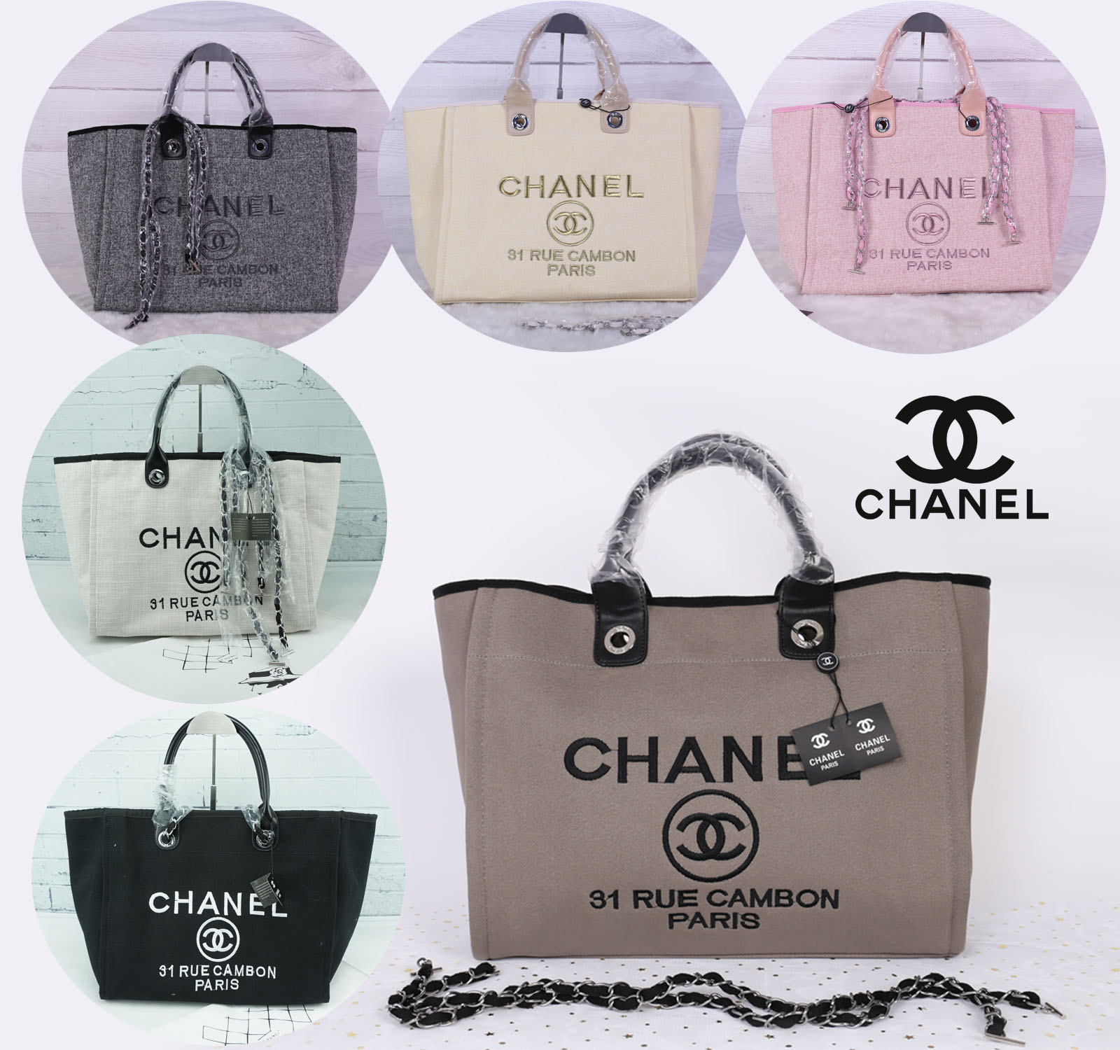 Chanel Tote canvas premium gift จากแบรนด์ Chanel กระเป๋าสะพาย Chanel Tote canvas โลโก้ปัก กระเป๋า ทรง Tote ผ้า canvas เนื้อหนาอย่างดี มีซับใน ด้านหน้าปักโลโก้แบรนด์หรู **จุดเด่นที่ หูจับมี 2 แบบคือ แบบสายหนัง และ โซ่ สามารถ สะพายไหล่ได้คะ ใบใหญุจุของคุ้ม 