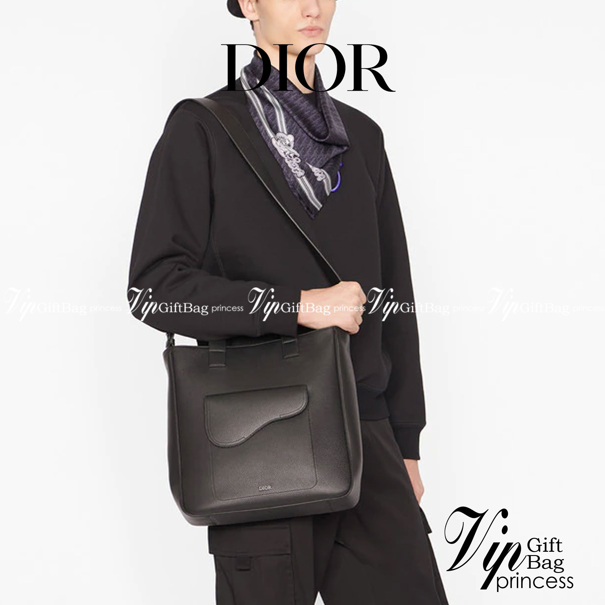 หนังแท้ CHRISTIAN DIOR SADDLE TOTE BAG WITH SHOULDER STRAP Black Grained Calfskin พร้อมส่งที่ไทย เกรดออริจินอลหนังแท้ทั้งใบ ภาพสินค้าถ่ายจากงานขายจริง ใช้งานต่างประเทศได้