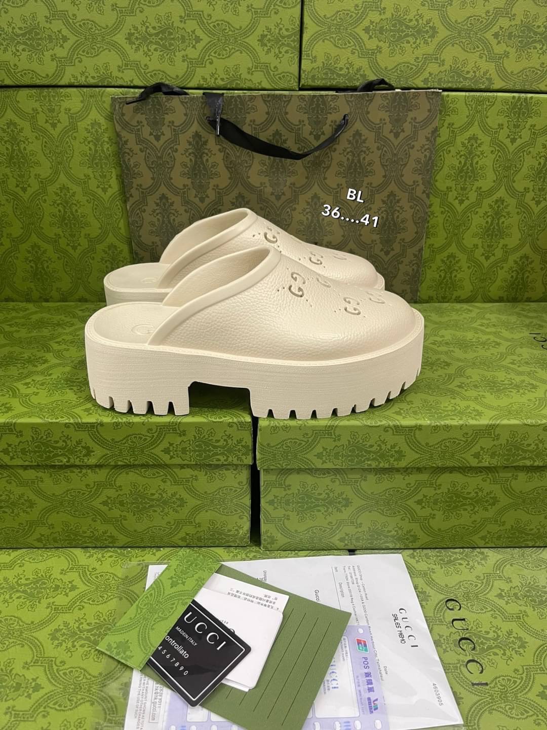 GUCCI platform perforated G sandal / GG Sandel รองเท้า GG เกรดออริจินอล สลับแท้ พร้อมกล่อง ภาพถ่ายจากงานจริง ใช้งานต่างประเทศได้