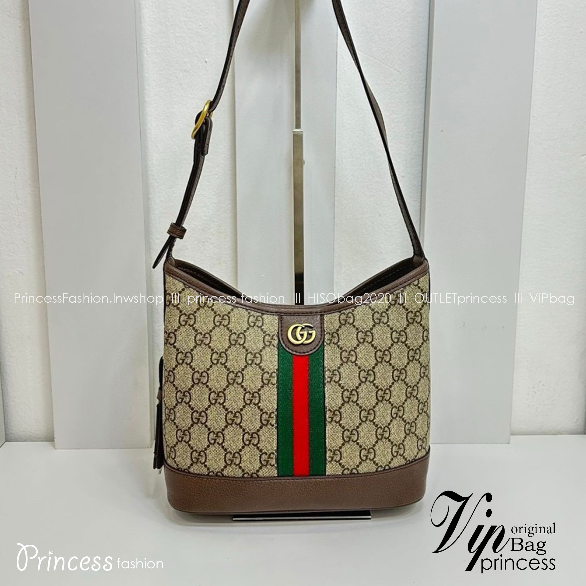 9" GUCCI OPHIDIA GG SMALL SHOULDER BAG Beige and ebony GG Supreme canvas Brown leather trim กระเป๋าสะพายไหล่ อะไหล่ทองหรูหรา
