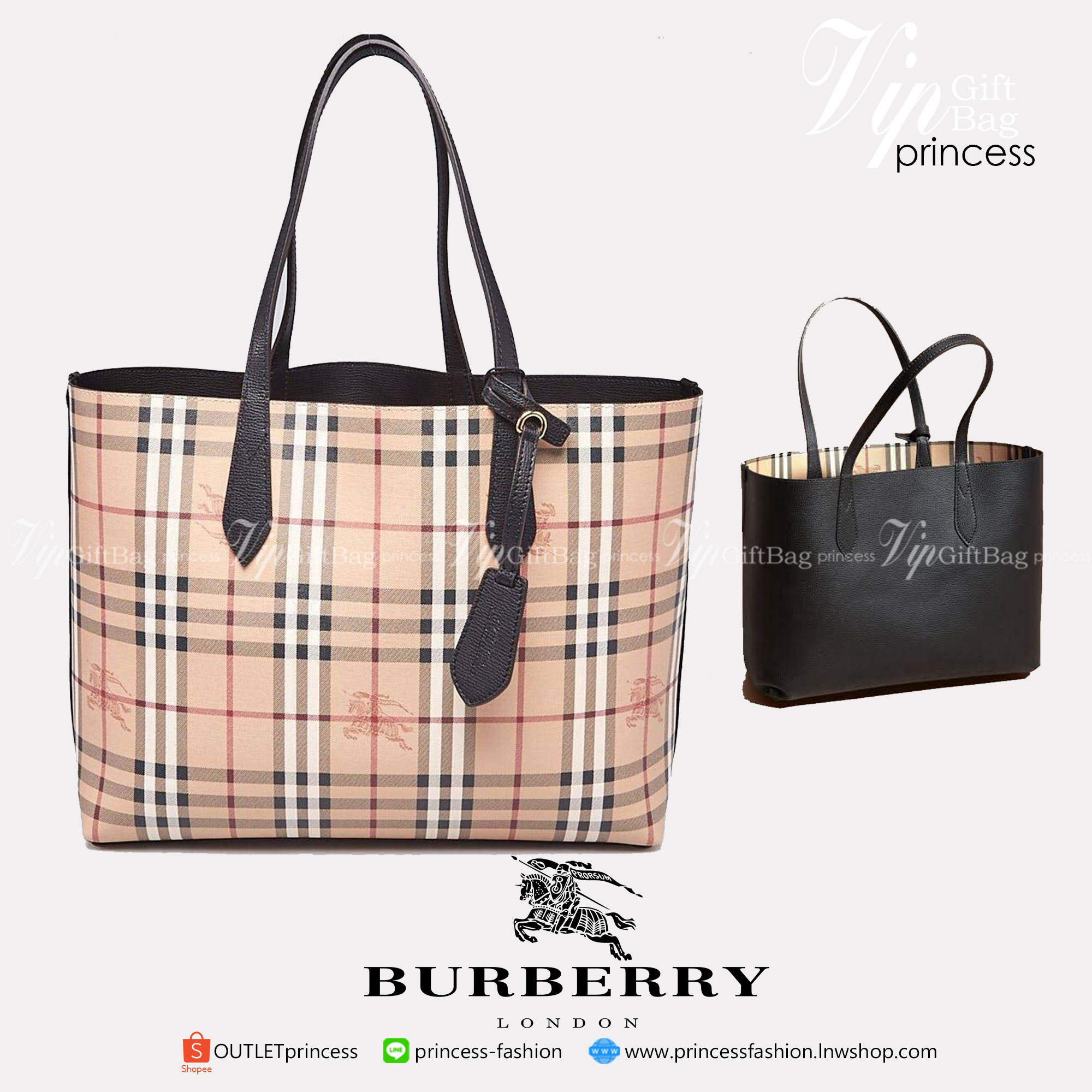 BURBERRY Leather Haymarket Check Medium Reversible Tote Bag กระเป๋าสะพายไหล่ทรงช้อปปิ้ง ทรงคลาสสิค ฮิตตลอดกาล ทรงสวยขนาดกำลังดี