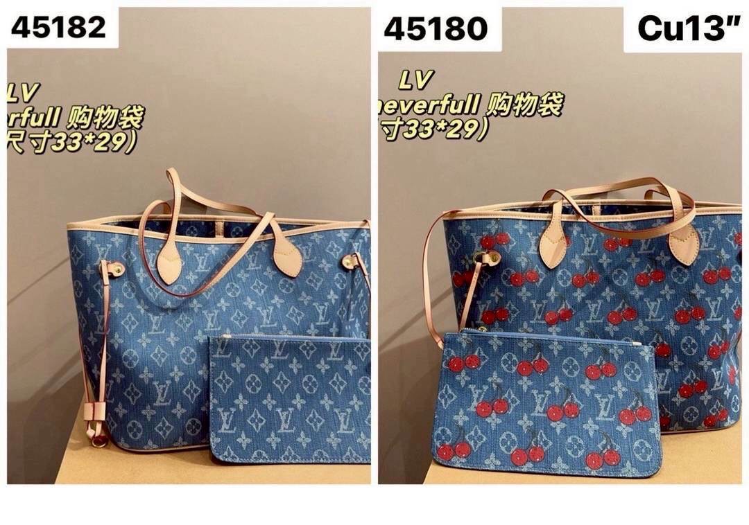 LV Neverfull MM Monogram cherry denim 32cm กระเป๋าสะพายทรงโท้ทช้อปปิ้งใบใหญ่ โดดเด่นมีชีวิตชีวา ด้วยเดนิมวินเทจปักลายเชอร์รี่สีสันสดใสสะดุดตาสะท้อนสไตล์ไอคอนิก