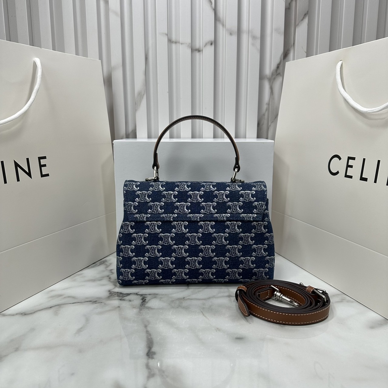 CELINE HANDBAG CLAUDE in DENIM WITH TRIOMPHE ALL-OVER กระเป๋าถือพร้อมสายสะพายงานเดนิม เกรดออริ 1:1 ใช้งานต่างประเทศได้