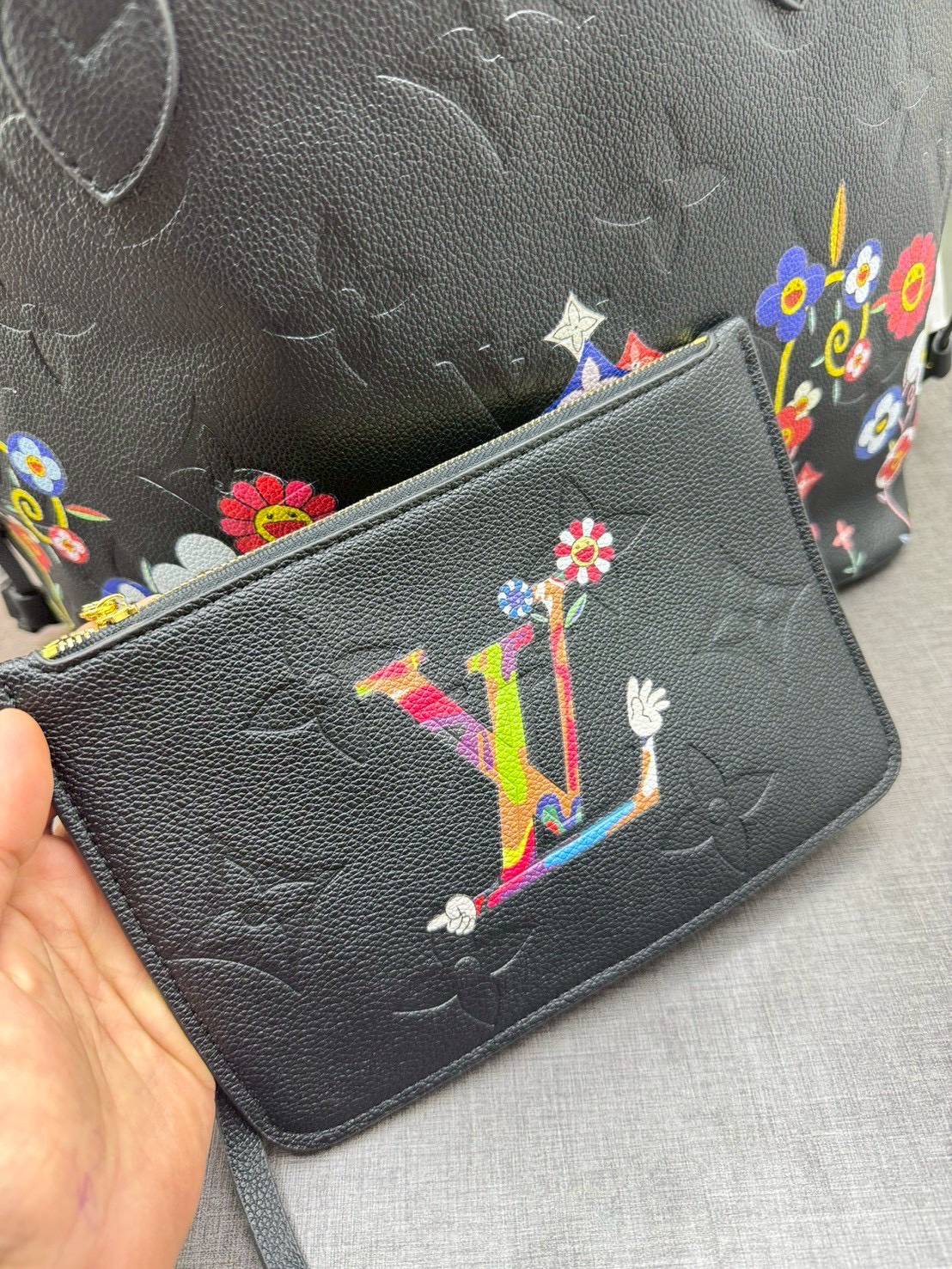ORI หนังแท้ | LV x TM Neverfull MM Monogram Flower motifs colorful Black / LV Tote Bag กระเป๋าสะพายทรงโท้ทใบใหญ่ ลายดอกไม้หลากสีสดใส