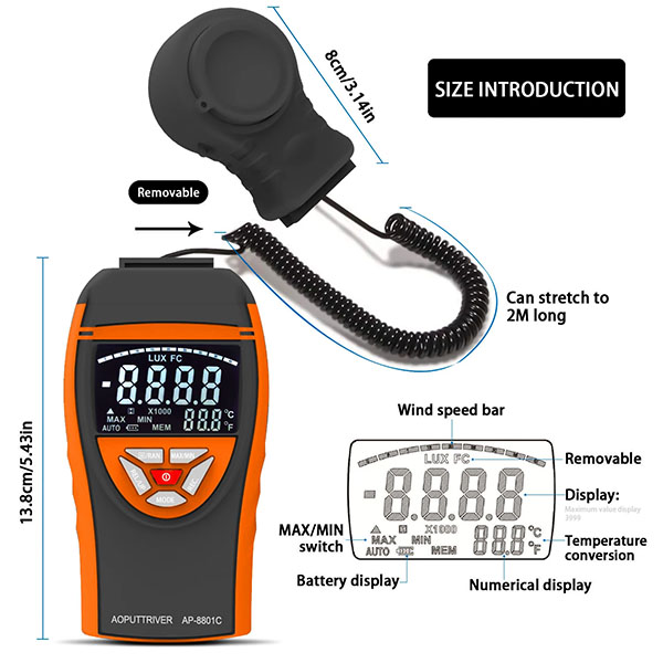 เครื่องวัดความเข้มแสง และอุณหภูมิ สำหรับปลูกผักไฮโดรโปนิกส์ โรงเรือน โรงงาน สำนักงาน ฯลฯ ช่วงวัด 0-400,000 lux/fc