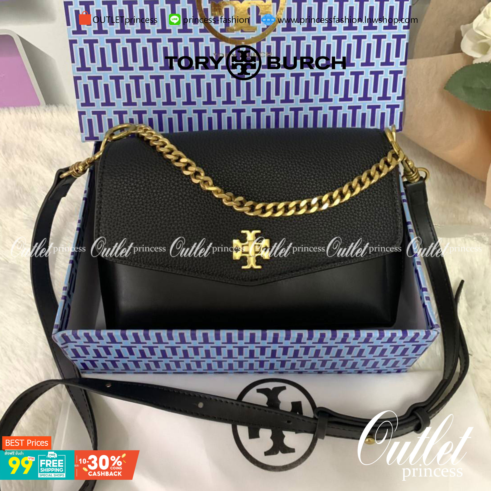 TORY BURCH KIRA MIXED-MATERIALS TOP-HANDLE SATCHEL กระเป๋าสะพายข้าง วัสดุหนังแกะสังเคราะห์ อะไหล่ทอง ด้านหน้าประดับโลโก้แบรนด์ ตกแต่งสายโซ่ห้อยสีทอง (สามารถถอดออกได้) เปิด-ปิดด้วยตัวล็อคหมุน ภายในโล่งกว้าง ซับในบุผ้าลายแบรนด์ แบ่งออกเป็น 3 ช่องใหญ่ พร้อมช