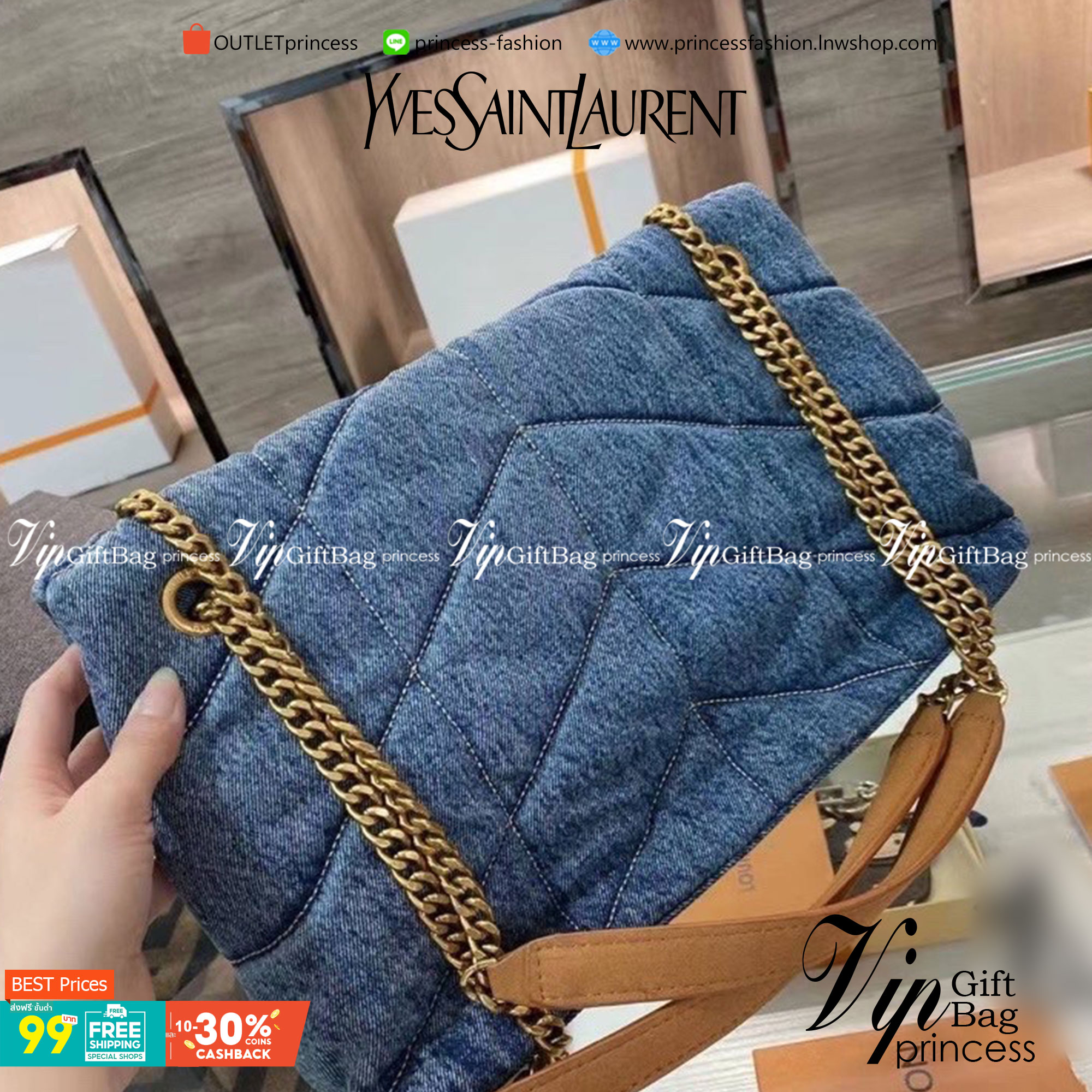 VIP 】YSL SAINT LAURENT Loulou Danim Shoulder Bagblue bag กระเป๋าสะพายผ้ายีนส์เดนิมควิลท์ อะไหล่ทอง สีตัดกันสวยมากค่ะ