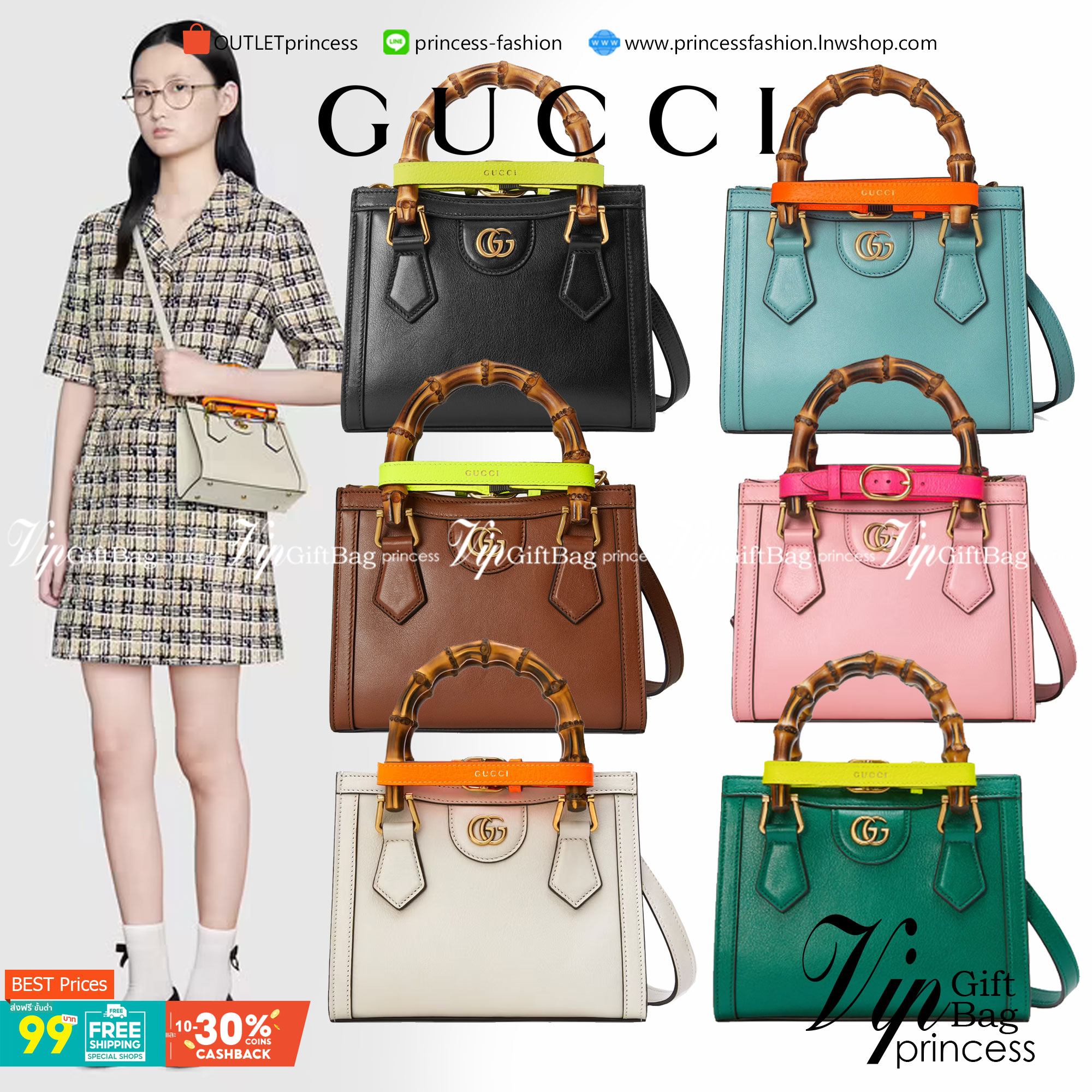 VIP GIFT 】หนังแท้ GUCCI Diana mini tote bag กระเป๋างานหูไม้ไผ่สุดคลาสสิก ดีไซน์มาใหม่พร้อมเข็ดขัดหนังสีสะท้อนแสงประดับตรงหูกระเป๋า ขนาดมินิกำลังน่ารักเลยค่ะ วัสดุหนังแท้ อะไหล่ทอง งานสวยตั้งอยู่ทรง มีสายสะพายยาว 1เส้น สามารถปรับระดับได้-ถอดได้ งานเก๋ไก๋ที