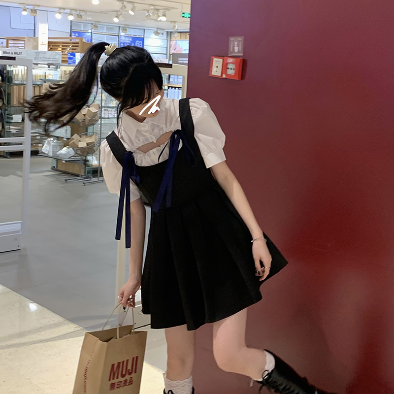 พร้อมส่ง 🧺🧸🛤 Leana dress & shirts เดรสสายเดี่ยวสีดำผ้าคอตตอน เสื้อสีขาวคอปก (38169)