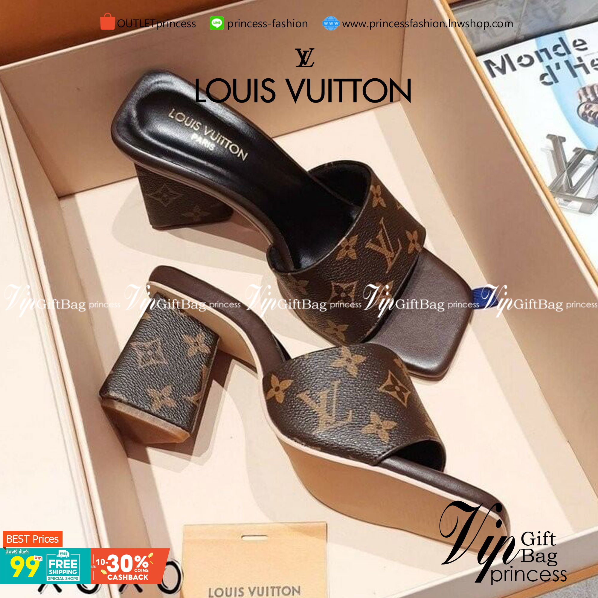 Louis Vuitton Thick Low Heel Shoes งานสวม LV สวย หรู ส้นสามเหลี่ยม เก๋ๆ สวมใส่ง่ายใช้งานไม่เมื่อย แมทส์ชุเง่าย น้ำหนักเบา