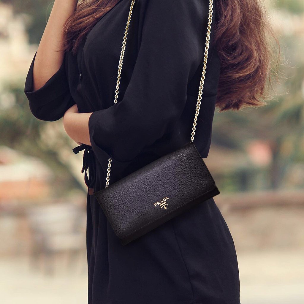 VIP หนังแท้ 】PRADA Saffiano Metal Leather Wallet on Chain Clutch Bag