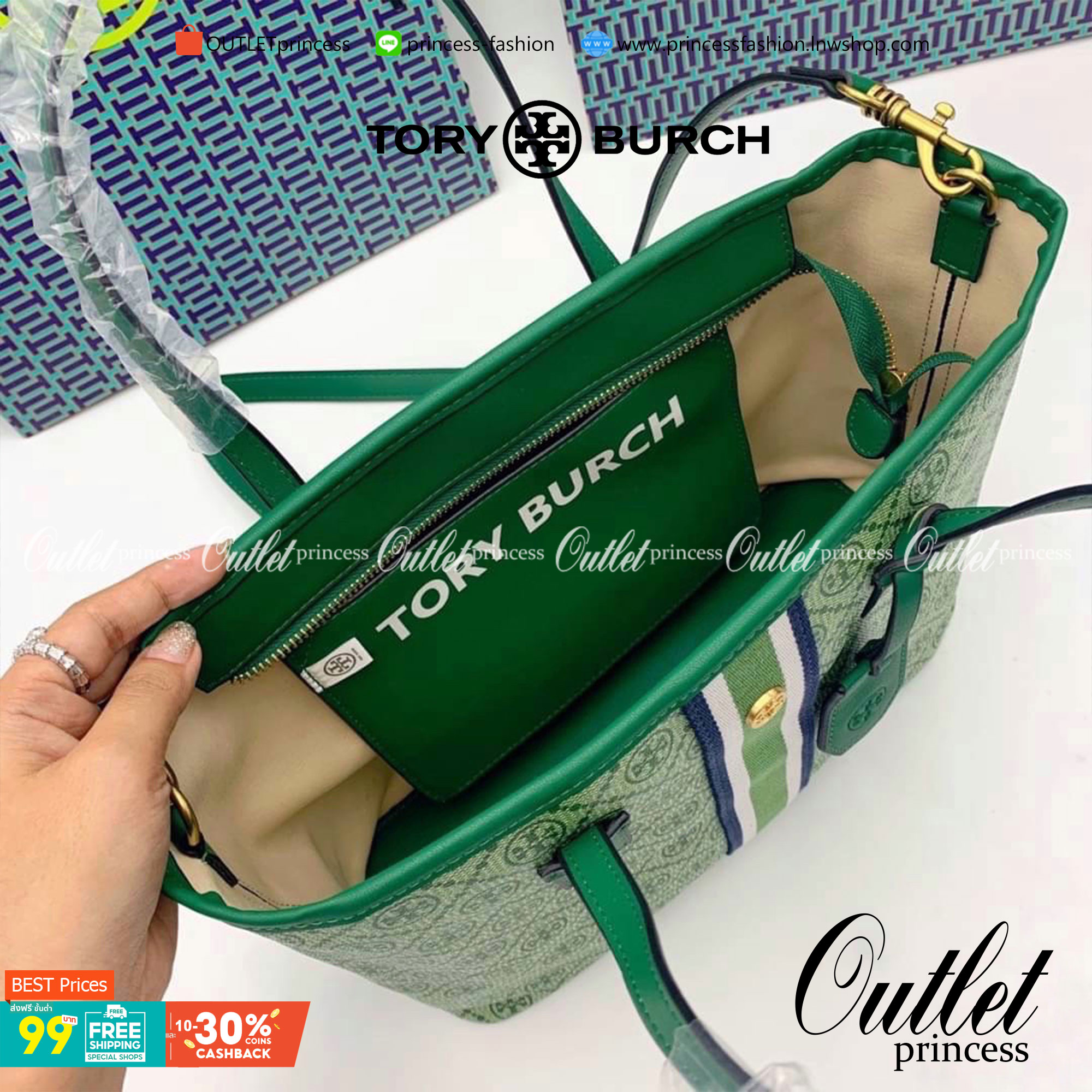 TORY BURCH TOTE BAG กระเป๋าสะพายไหล่ทรงชอปปิ้ง รุ่นขายดีอันดับ1 ของแบรนด์นี้นะคะ ทรงคลาสสิค ฮิตตลอดกาล ทรงสวยขนาดกำลังดี ตัวกระเป๋า วัสดุหนัง Pu ด้านหน้าติดโลโก้แบรนด์ /ประดับด้วยพวงกุญแจหนัง ตัดแถบแนวเส้นตรงวัสดุผ้าแคนวาส เปิดปิดด้วยซิปรูด ภายในช่องหลัก 