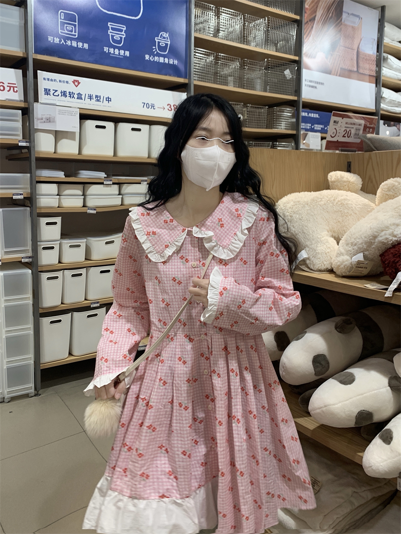 พร้อมส่ง 🦙 Pink cherry dress เดรสแขนยาวสีชมพูพิมพ์ลายดอก (IN36755)