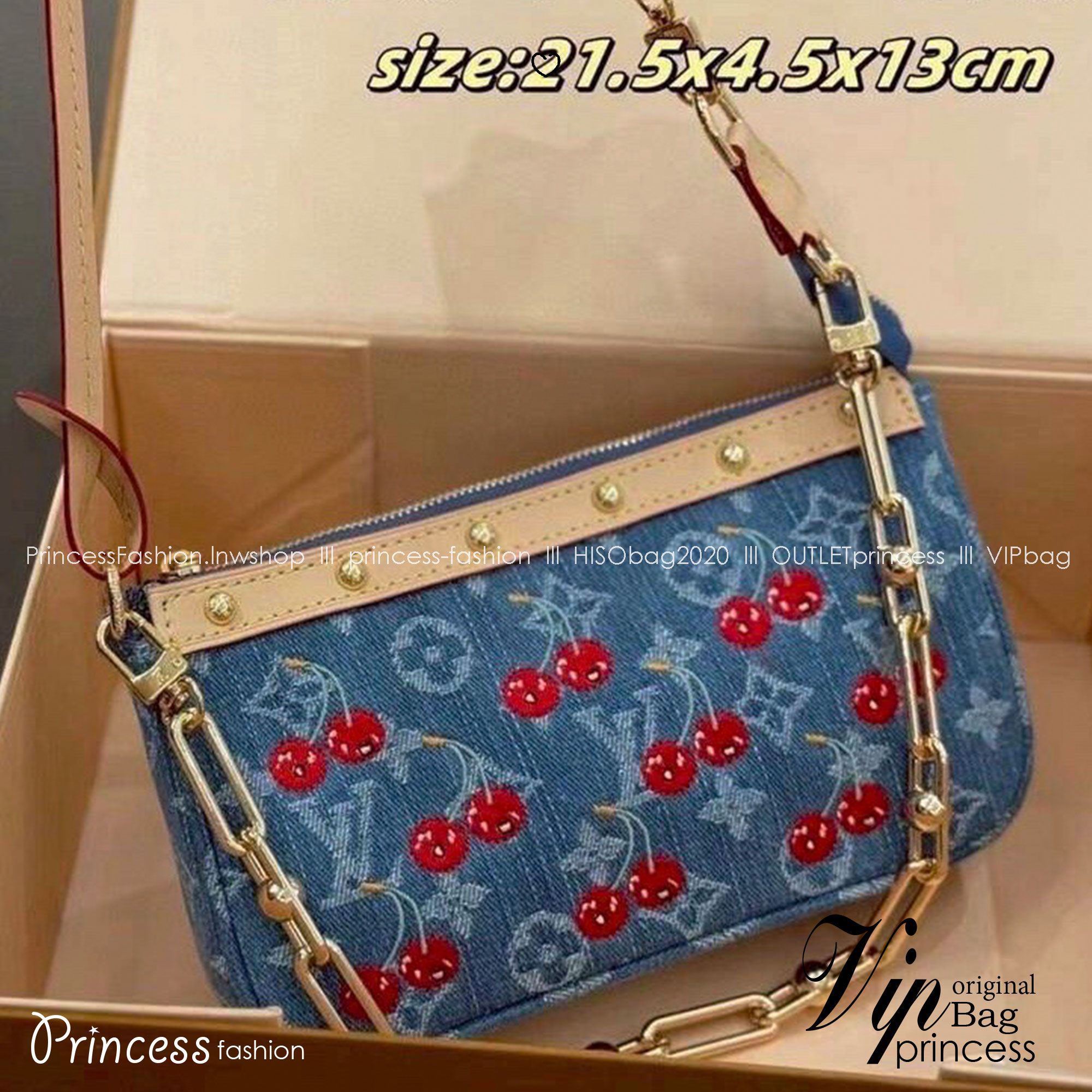 LV x TM Pochette Accessoires bag Monogram cherry denim 20cm กระเป๋าถือทรงพอชดีไซน์สวยอัพลุคไฮน์ ถือหรือคล้องไหล่ได้สวยและโดดเด่นมีชีวิตชีวา ด้วยเดนิมวินเทจปักลายเชอร์รี่สีสันสดใสสะดุดตาสะท้อนสไตล์ไอคอนิก