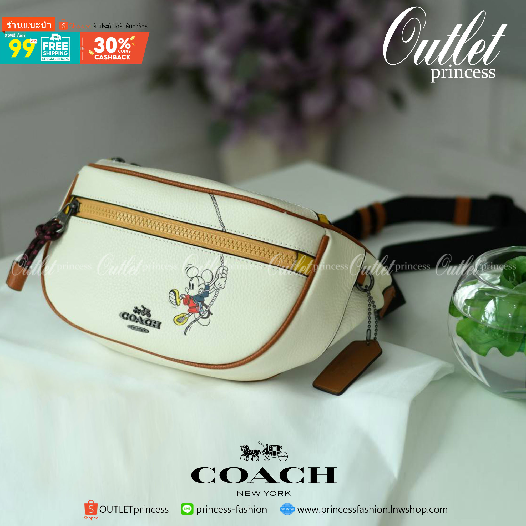 ของแท้ 💯% Coach Micky Mouse Disney Chest Bag 3747 collection Japan Limited Edition Women’s Full Leather กระเป๋าสะพายคาดอก/เอว ขนาดพอเหมาะ ใส่มือถือ iphone+ เปิดปิดด้วยซิป ด้านหน้ามี Logo mickey mouse