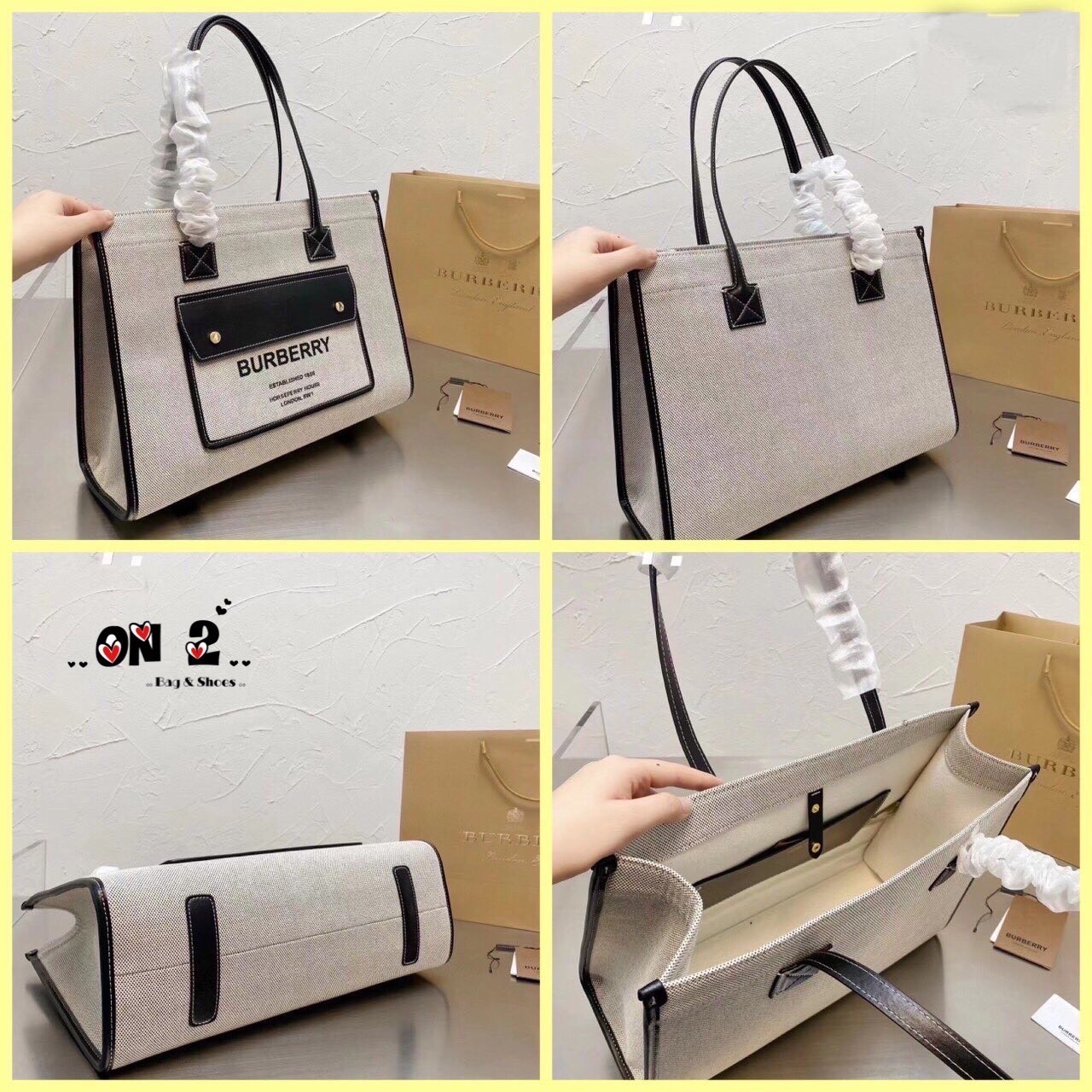 BURBERRY Leather-trimmed embroidered canvas tote / BURBERRY FRAGRANCES LARGE TOTE BAG / BURBERRY Freya Tote Bag วัสดุ Canvas & Leather ดีไซน์สวยอยู่ทรงสไตล์ Casual ด้านหน้ามีช่องใส่ของ ภายในโล่งกว้างและจุสุดๆสามารถใส่เอกสารA4 หนังสือ ของใช้ได้เยอะ หูหิ้วห