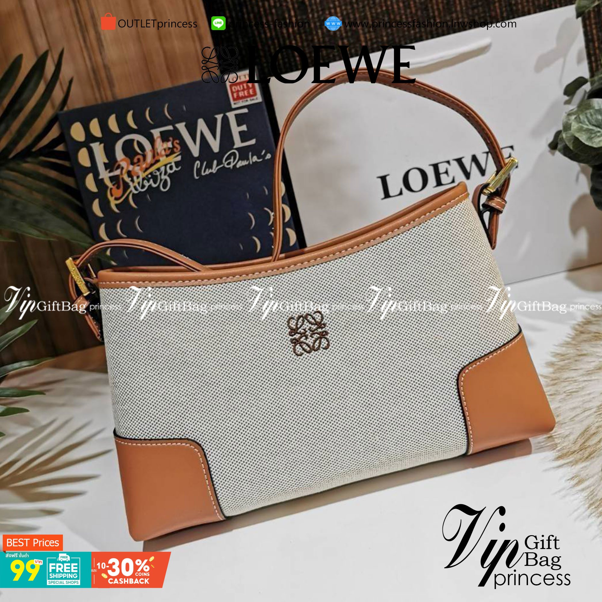 LOEWE SHOULDER BAG VIP GIFT WITH PURCHASE (GWP) พรีเมี่ยมกิ๊ฟ Limited จาก LOEWE PERFUME DUTYFREE COUNTER รุ่นใหม่วัสดุ Canvas Fabric ผสมผสานหนังแท้ CalfSkin ดีไซน์และโทนสีลงตัวสุดคลาสสิค เปิดปิดด้วยซิปแบรนด์อะไหล่ทอง ภายในโล่งกว้างซับในผ้าฝ้ายลายก้างปลาคง