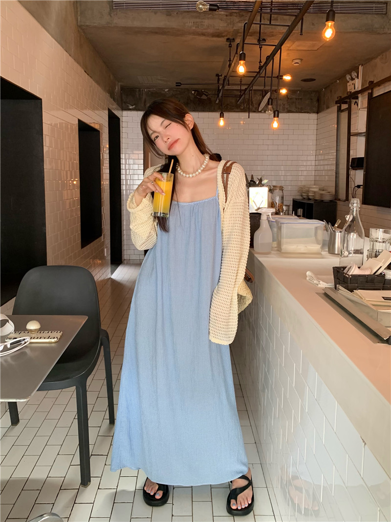 พร้อมส่ง 🥼🩹 Blue sea dress & cardigan เดรสยาวสายเดี่ยวสีฟ้า เสื้อคลุมตาข่าย (แยกชิ้น) (IN38012)