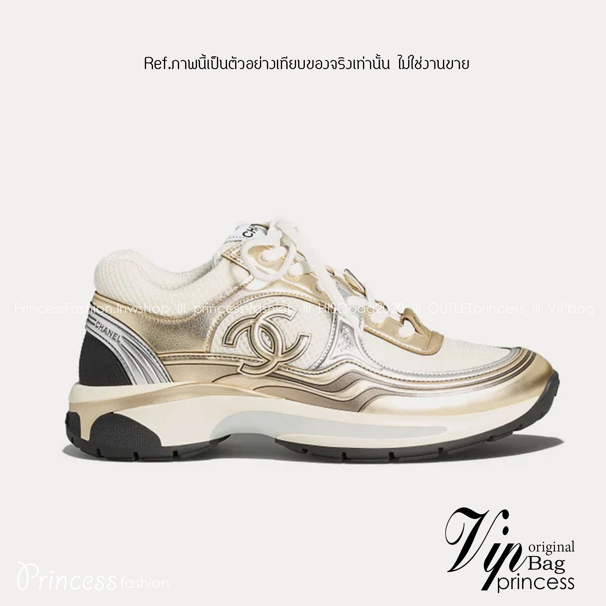 Chanel Sneakers 23s Fabric & Laminated White, Gold & Silver ออริสลับแท้ 1:1 ใช้งานต่างประเทศได้ รองเท้าผ้าใบชาแนล งานเกรดหนังเงาสวย ดีไซน์ใหม่ 2023 สวยหรูดูแพง