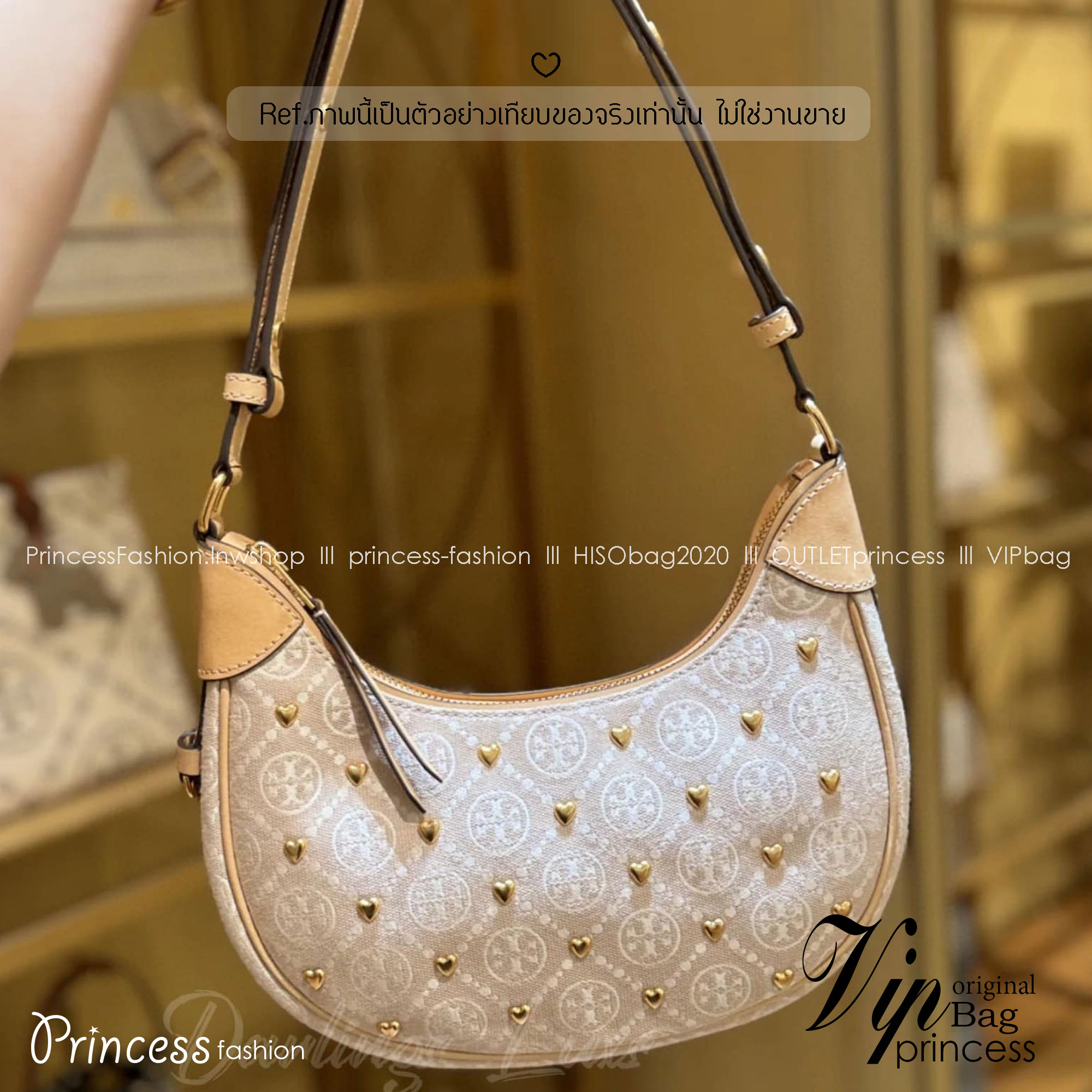 TORY BURCH T Monogram Crescent Bag NEW IVORY MULTI กระเป๋าทรงพระจันทร์เสี้ยวแต่งหัวใจสีทองสวยหรู น่ารักรุ่นใหม่ล่าสุด เกรดท็อปออริ เทียบแท้ 1:1 เกรดดีสุด