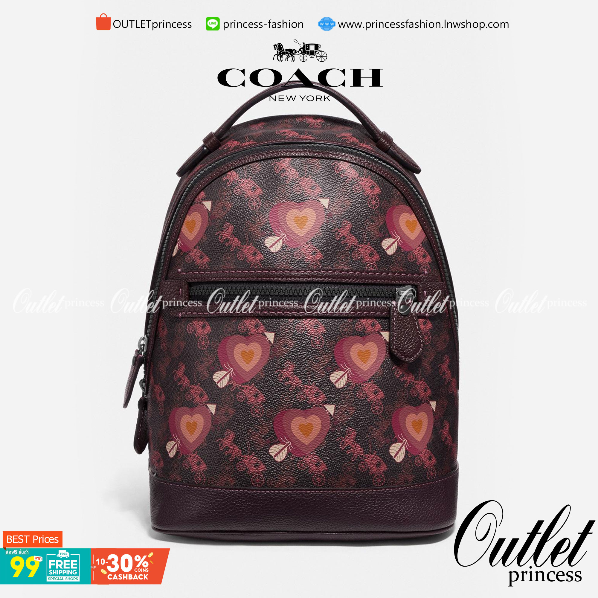 OUTLET 】COACH Barrow Backpack With Horse And Carriage Print And Hearts Oxblood (F79024) โดดเด่น ไม่จำเจ แถมใช้ดีไปอีก< 🌹สวยโดดเด่นอย่างลงตัว💃💃พลาดแล้ว พลาดเลยจ้ารอบนี้ // เป้รุ่นใหม่ canvas ผสมหนังแท้คุณภาพดี หนังนิ่มมือมากๆ ขนา