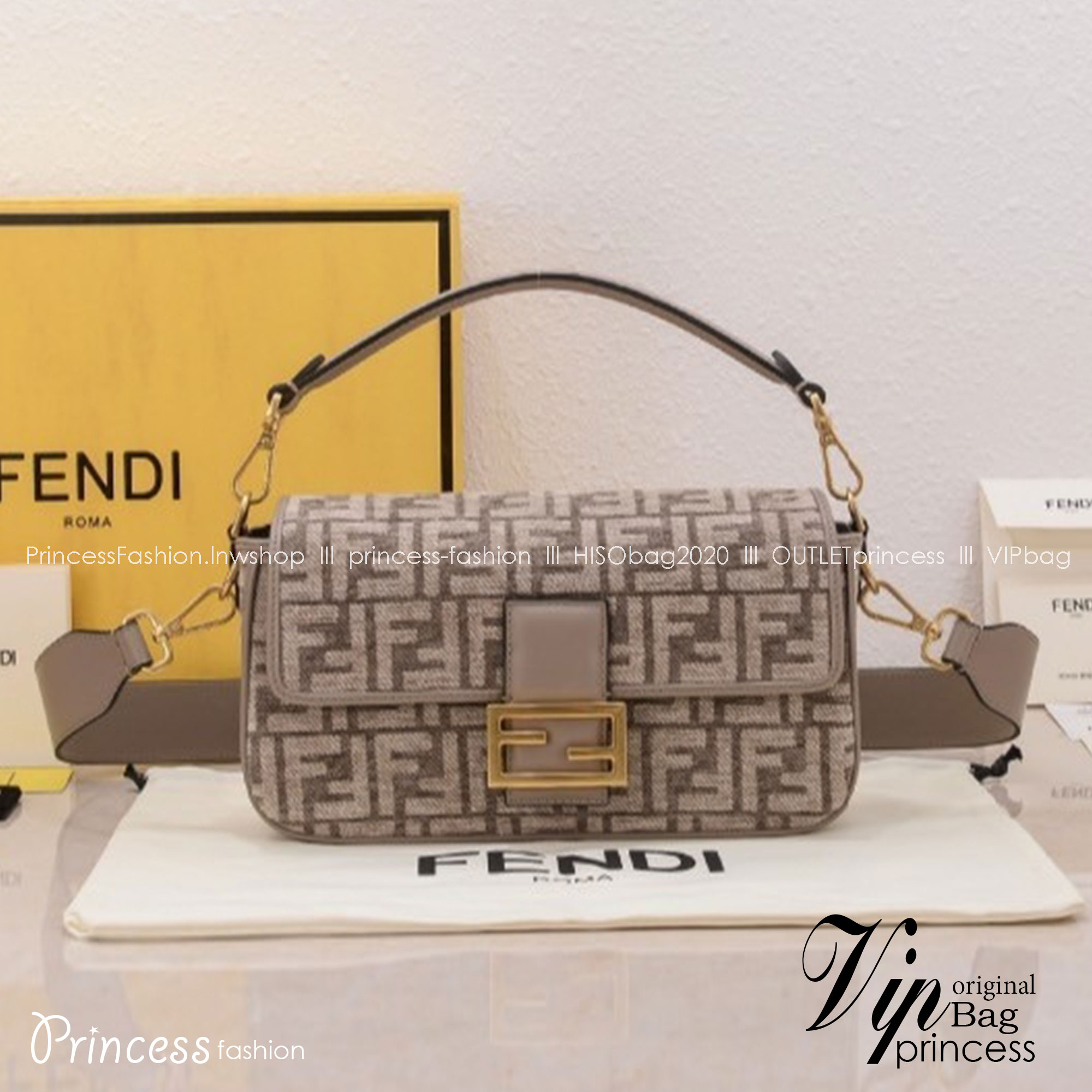 FENDI Baguette Dove grey FF tapestry fabric bag / FENDI Bag พร้อมส่ง กระเป๋าสะพายทรงแบคเกตต์ ดีไซน์ลวดลายมี texture หรูหราโดดเด่นน่าใช้ **สินค้าเกรดออริจินอล 1:1 สลับแท้