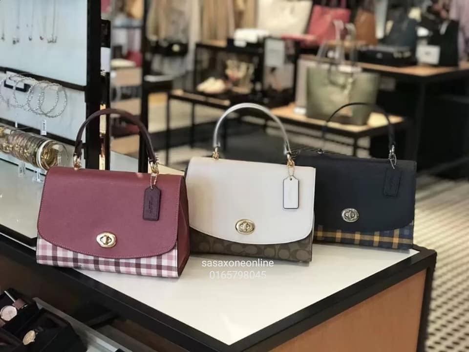COACH TILLY TOP HANDLE SATCHEL WITH GINGHAM PRINT (COACH F76615) BROWN PINK MULTI/GOLD