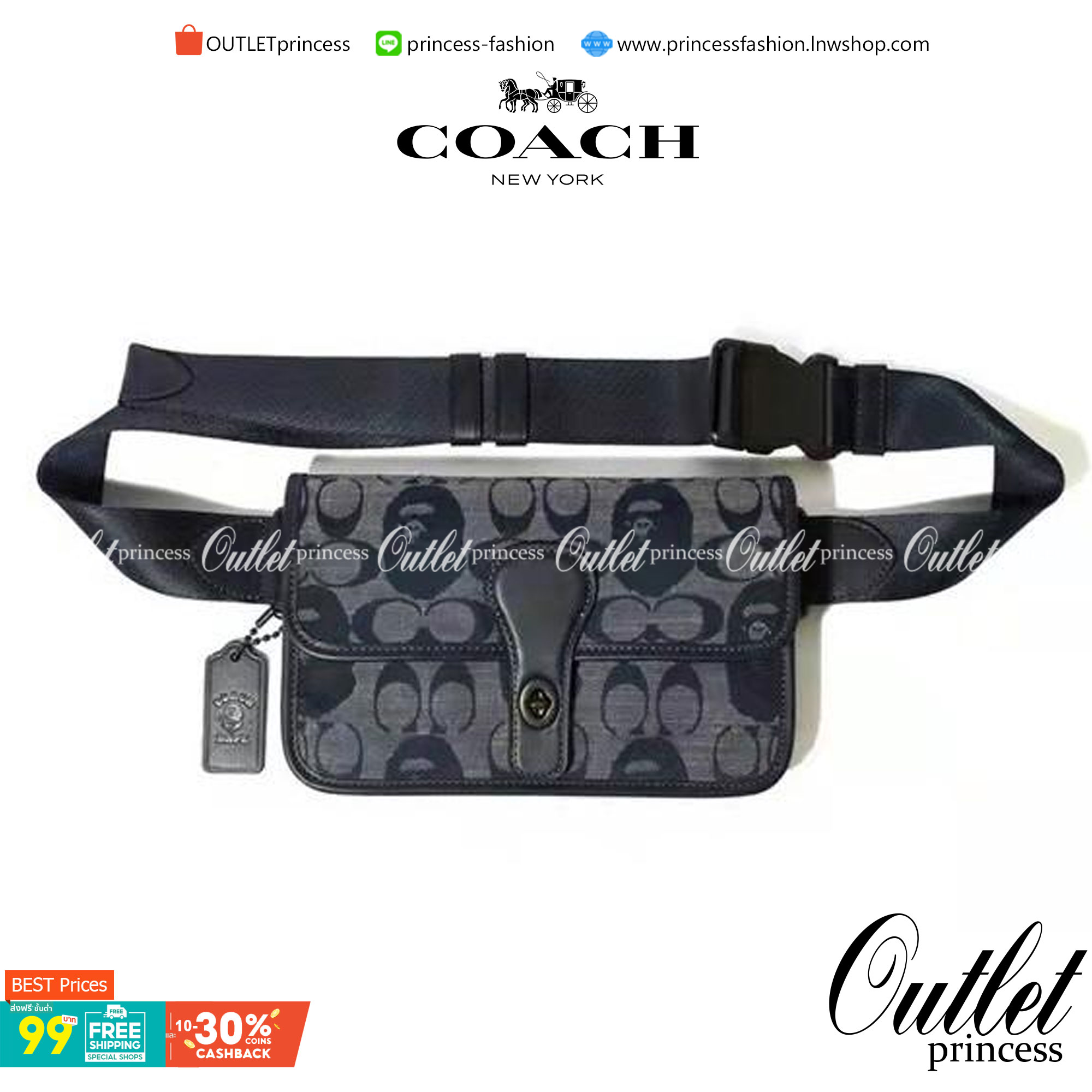 OUTLET 】COACH Bape X Coach Turnlock Tab Belt Bag In Signature Chambray พร้อมส่งที่ไทย