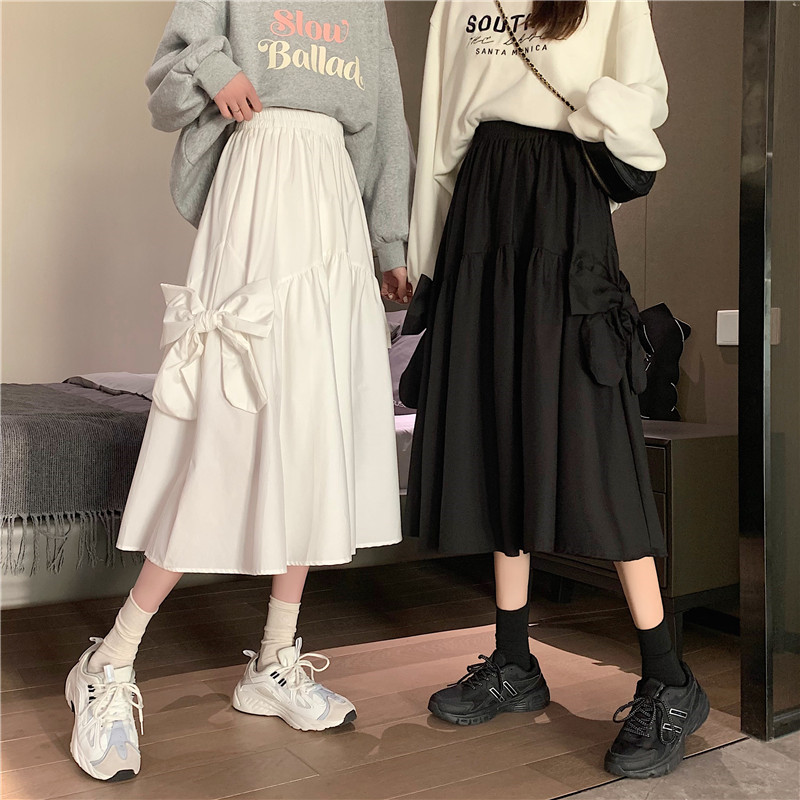 พร้อมส่ง 🖤🤍 A pair of ribbons กระโปรงตัวยาวแต่งโบว์คู่ (IN37604)