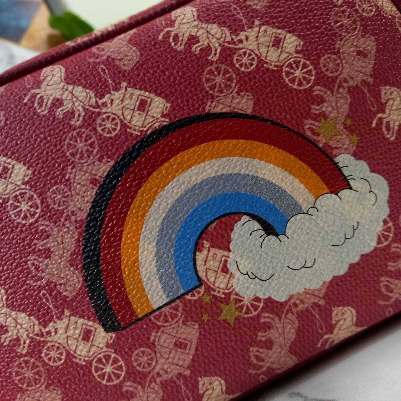 COACH Camera Bag 26, rainbow-red pattern COACH Camera Bag 16 With Horse And Carriage Print and Heart OXBLOOD (F79369 F88264) 🍁น่าใช้มากมาย รุ่นนี้มาพร้อมสายสปอร์ตใหญ่ ถอดเก็บได้ ปรับระดับได้ หนาแน่น ทนทาน จุของได้เยอะพอสมควร //วัสดุแคนวาส