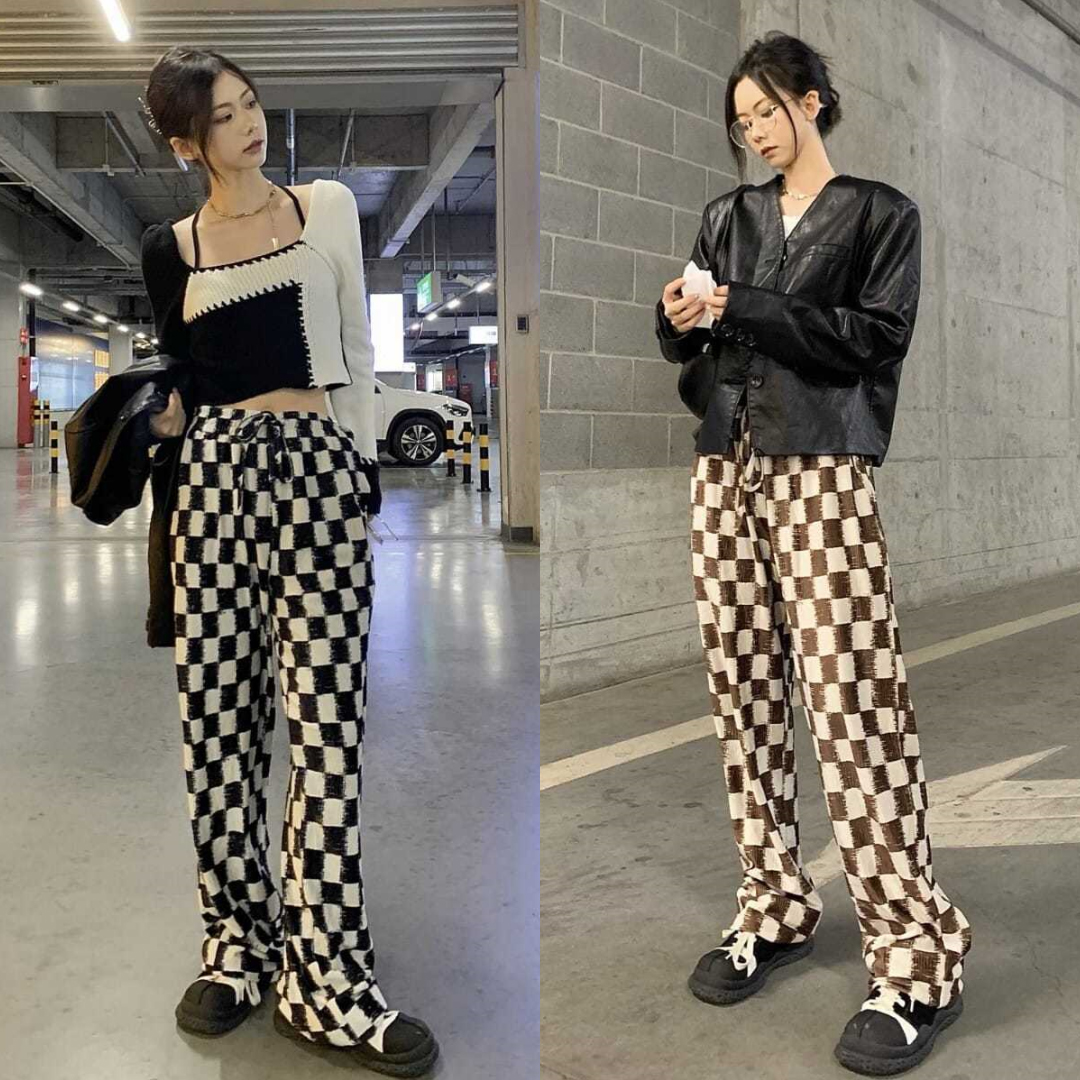 พร้อมส่ง 2 สี 🍒🐛 Many pants กางเกงขายาวเอวยางยืดลายตารางเก๋ๆ (IN36386)