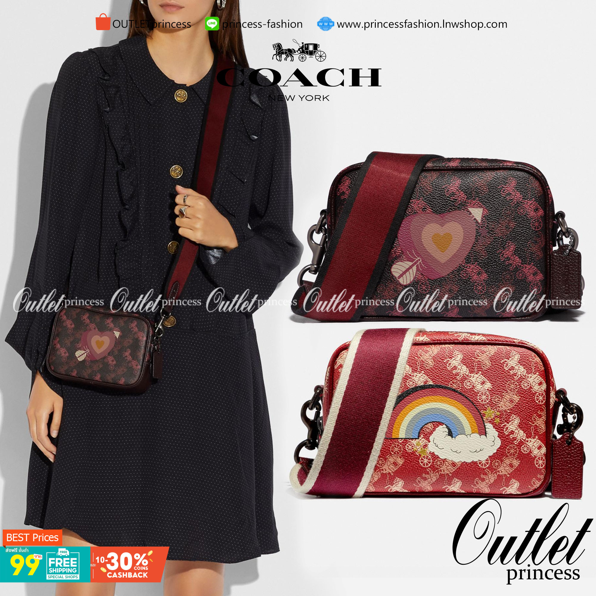 COACH Camera Bag 26, rainbow-red pattern COACH Camera Bag 16 With Horse And Carriage Print and Heart OXBLOOD (F79369 F88264) 🍁น่าใช้มากมาย รุ่นนี้มาพร้อมสายสปอร์ตใหญ่ ถอดเก็บได้ ปรับระดับได้ หนาแน่น ทนทาน จุของได้เยอะพอสมควร //วัสดุแคนวาส