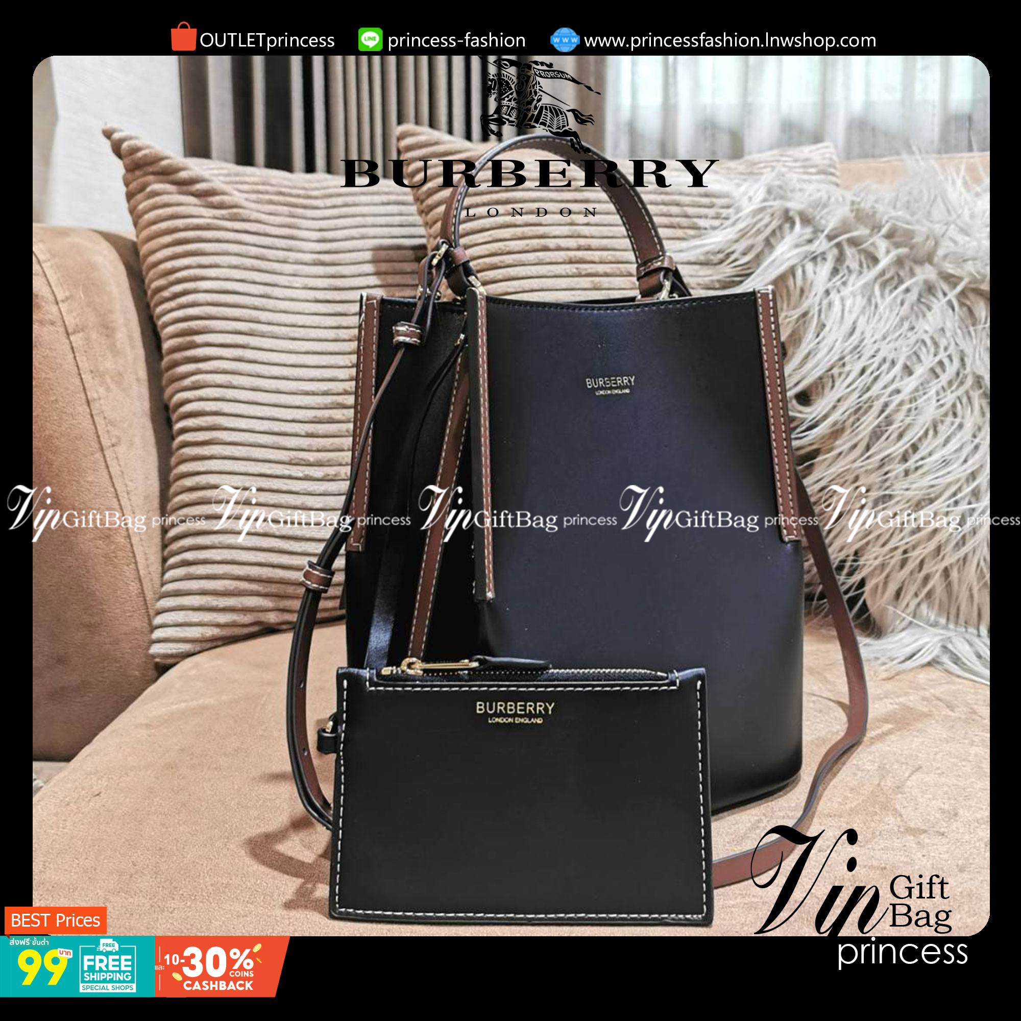 BURBERRY FRAGRANCES BUCKET BAG GIFT WITH PURCHASE พรีเมี่ยมกิ๊ฟ Limited Edition จาก BURBERRY PERFUME วัสดุหนังแท้ CalfSkin สวยหรูอยู่ทรง มาพร้อมกระเป๋าคลัชเล็กเข้าชุดกันสายคล้องสามารถถอดแยกใช้ได้ ภายในโล่งกว้างและจุสามารถใส่กล้อง มือถือ ของใช้ได้เยอะ หูจั