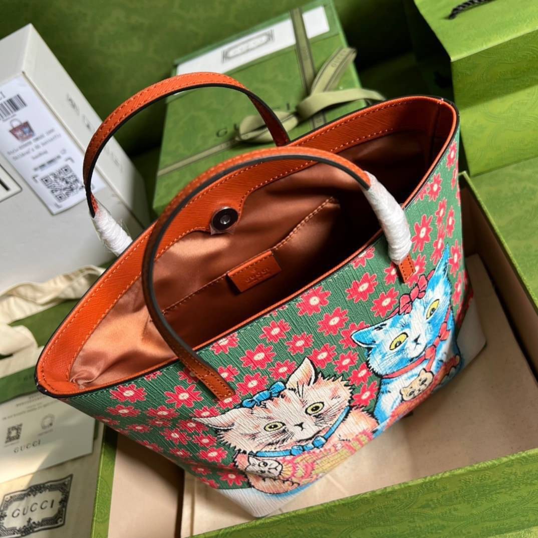 GUCCI Children's kitten print tote bag / Gucci kid tote ลายน้องแมว เกรดเทพออริจินอล วัสดุ Supreme canvas trim ภาพสินค้าถ่ายจากงานขายจริงใช้งานต่างประเทศได้