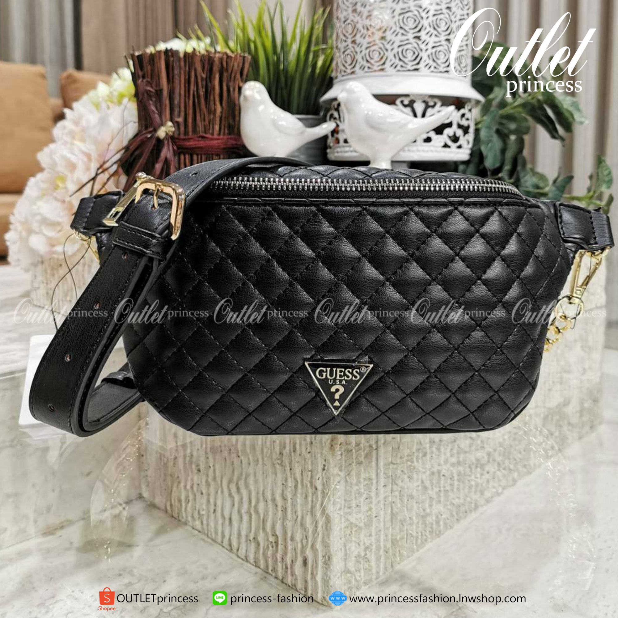 Guess Woman Factory Belt Bag กระเป๋าสะพาย/คาดเอว/คาดอก รุ่นใหม่ดีไซน์ยอดนิยม สีดำ