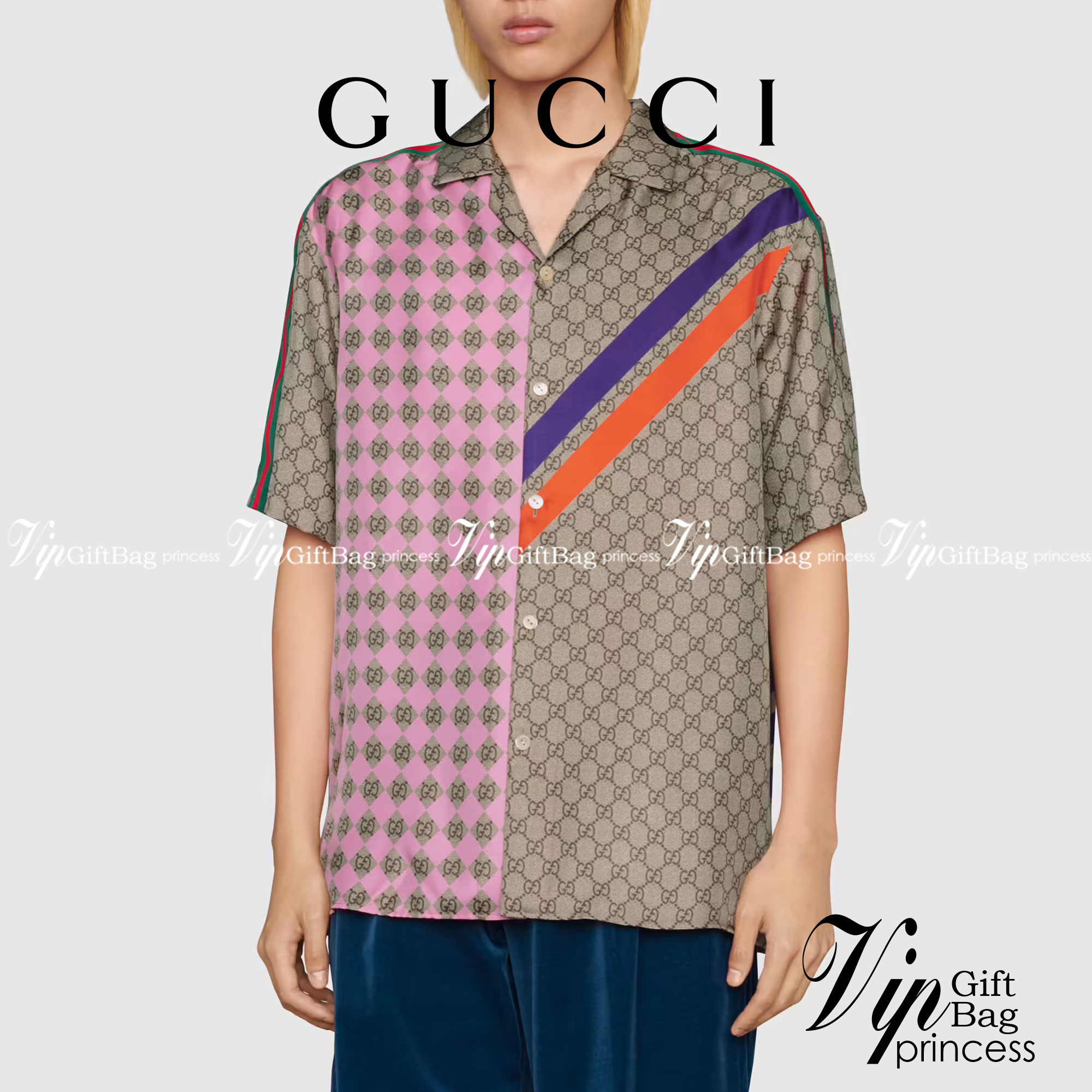 Gucci Geometric GG print bowling shirt Multicolor geometric GG print silk twill / Gucci Men's Shirts / Gucci Shirts งานเกรดออริจินอล พิมพ์ลายคมชัด มีป้ายแท็กที่คอเสื้อทุกตัว พร้อมส่งที่ไทย ภาพสินค้าถ่ายจากงานขายจริง ใช้งานต่างประเทศได้