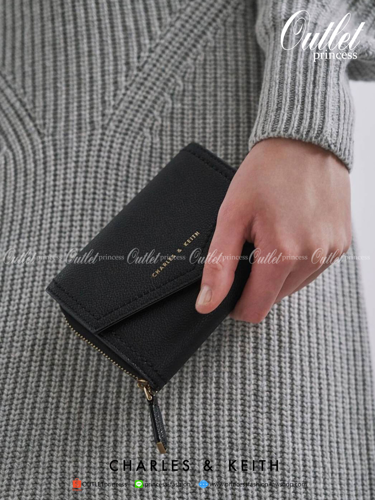 CHARLES & KEITH ENVELOPE SMALL WALLET กระเป๋าเงินใบกลาง วัสดุหนังพิมพ์ลายสีสวยน่ารัก ด้านหน้าปั๊มโลโก้แบรนด์ เปิดปิดด้วยกระดุมแม่เหล็ก