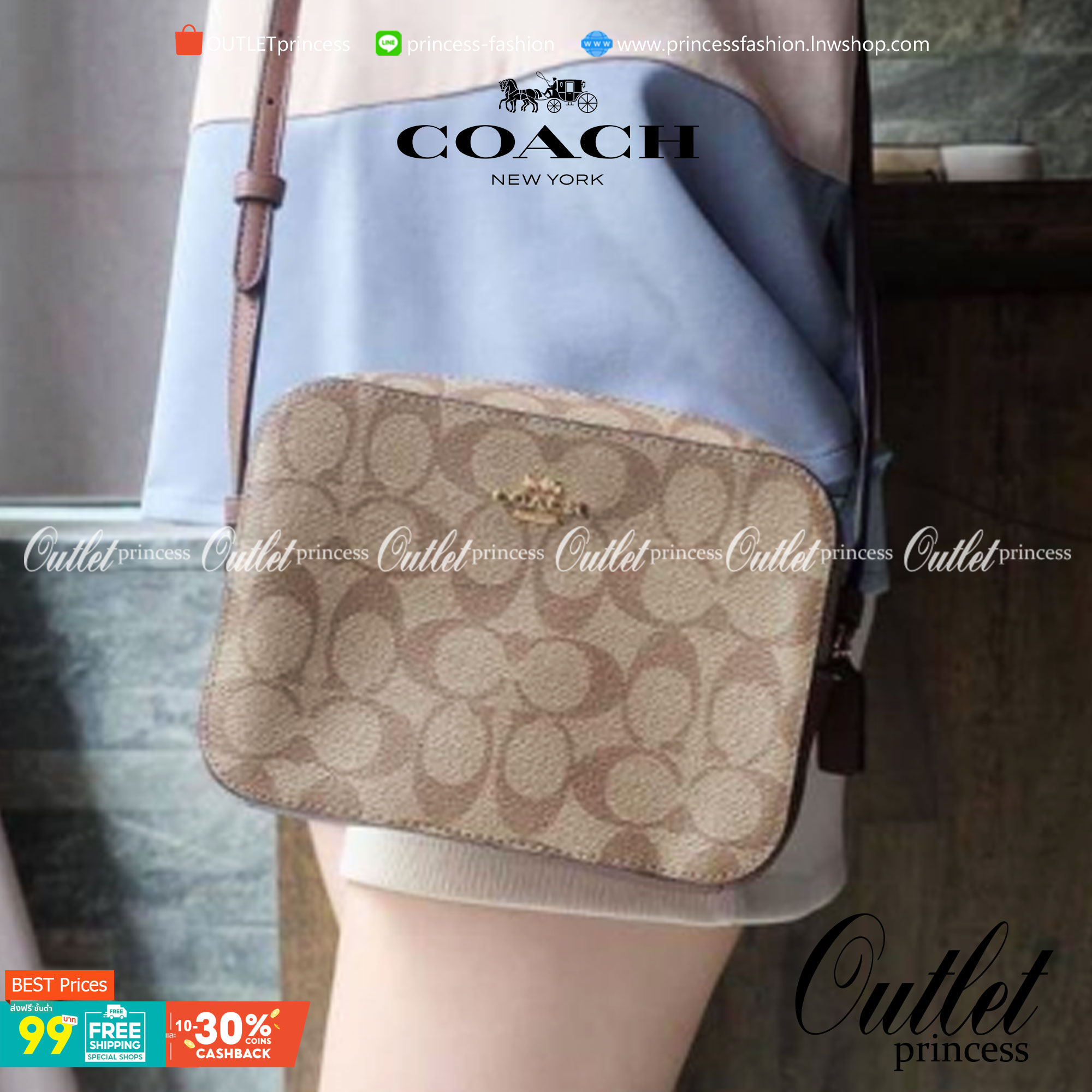 COACH 91677 MINI CAMERA BAG IN SIGNATURE CANVAS ขายดีที่สุด!! กระเป๋าสะพายข้างไซส์มินิ คลาสสิคอยู่ทรง อะไหล่ทองตัดดูหรู วัสดุหนังแคนวาสเคลือบลาย เปิด-ปิดด้วยซิป สายสะพายปรับได้ตามตัว ใบนี้แมทช์ได้ทุกลุค ใช้เป็น everyday bag ได้สบายๆเลยจ้า