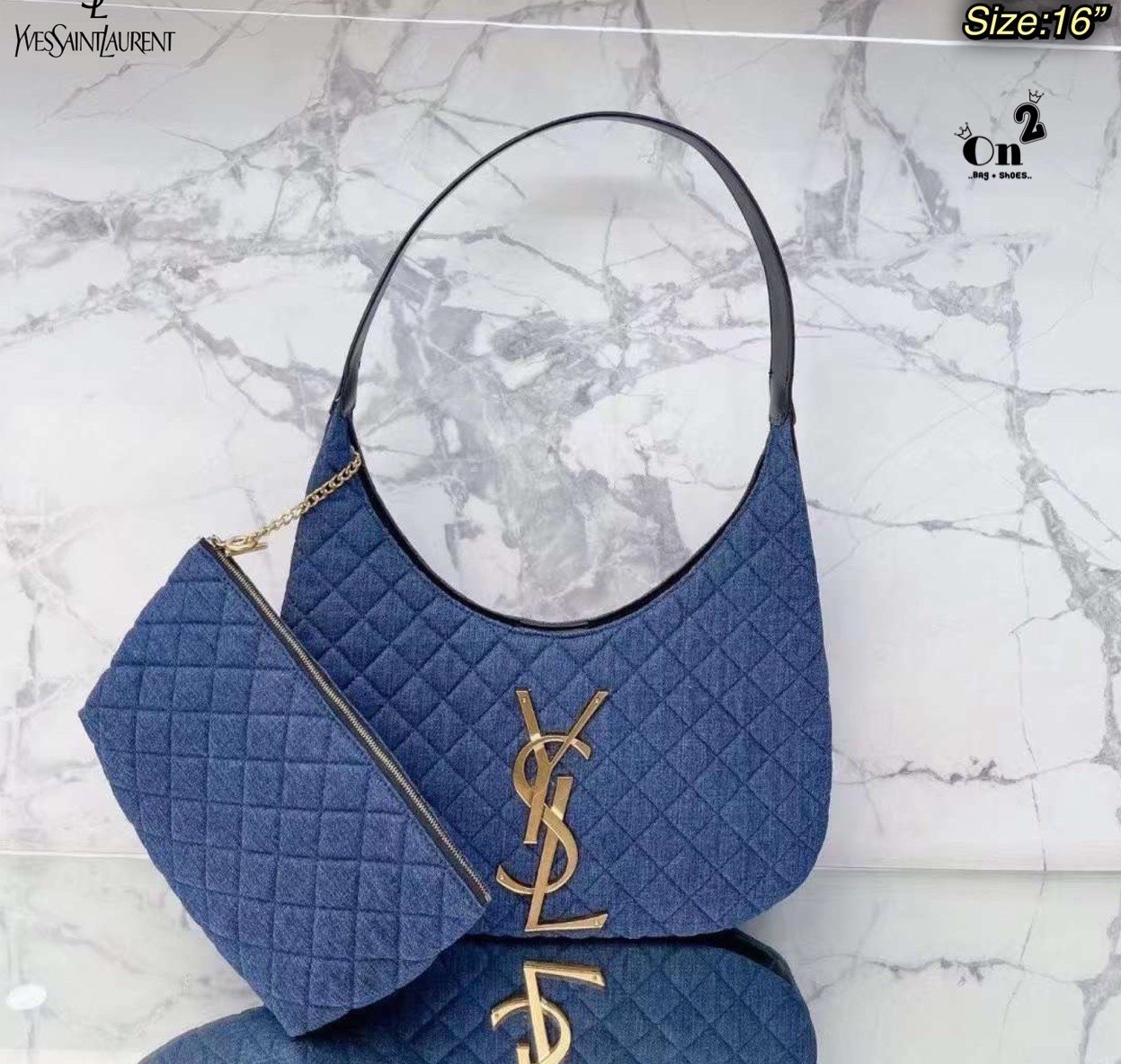 YSL Icare Maxi Shopping Bag In Quilted Lambskin 15" / YSL Icare Maxi Denim กระเป๋าสะพายใบใหญ่ มาพร้อมใบเล็ก หนังบุเย็บลายตาข่าย (Quilted Bag) ดีไซน์โฉบเฉี่ยวกว่าหลายระดับด้วยการประดับฮาร์ดแวร์ทองเหลืองในตัวอักษร Y.S.L สะดุดตา มอบสไตล์เรียบง่ายแต่คลาส
