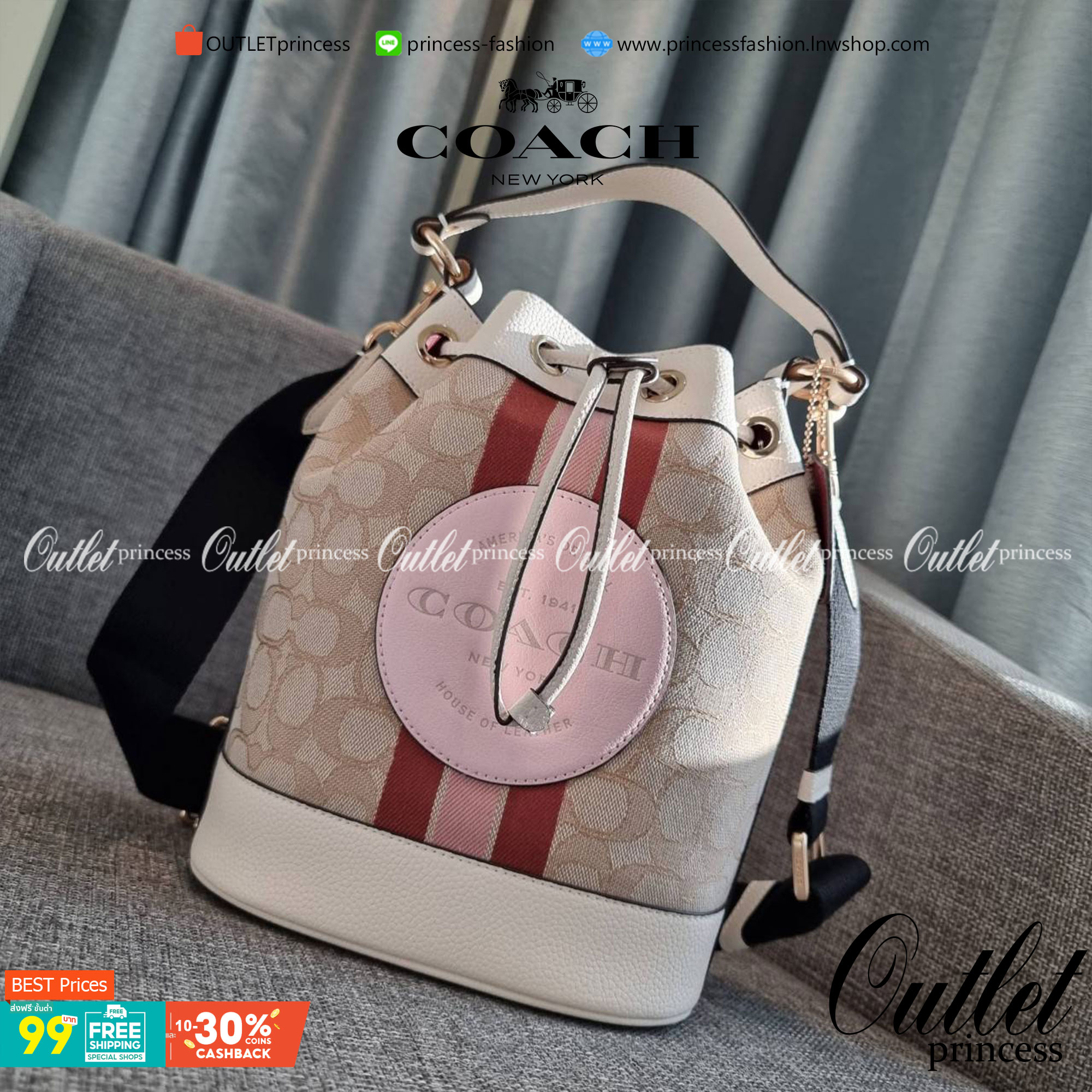 OUTLET 】COACH DEMPSEY DRAWSTRING BUCKET BAG IN SIGNATURE JACQUARD WITH STRIPE AND COACH PATCH C4101 C4102 พี่สาวใบใหญ่สุดสวยมาแล้วจ้า!! กระเป๋าทรงถังไซส์ใหญ่ ที่สาวๆรอคอย ใช้งานง่ายด้วยการรูดหนังปิดรอบปากกระเป๋า ทุกอย่างลงตัวที่สุด!! โดดเด่นด้วยลวดลายสีสั