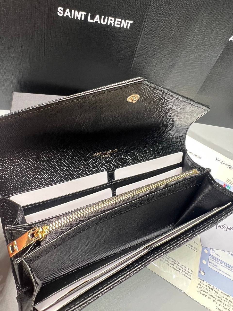 ORI หนังแท้ | YSL CASSANDRE MATELASSE large flap wallet / YSL Long Wallet กระเป๋าสตางค์ใบยาวแบบมีฝาปิดกระดุมแป๊ก